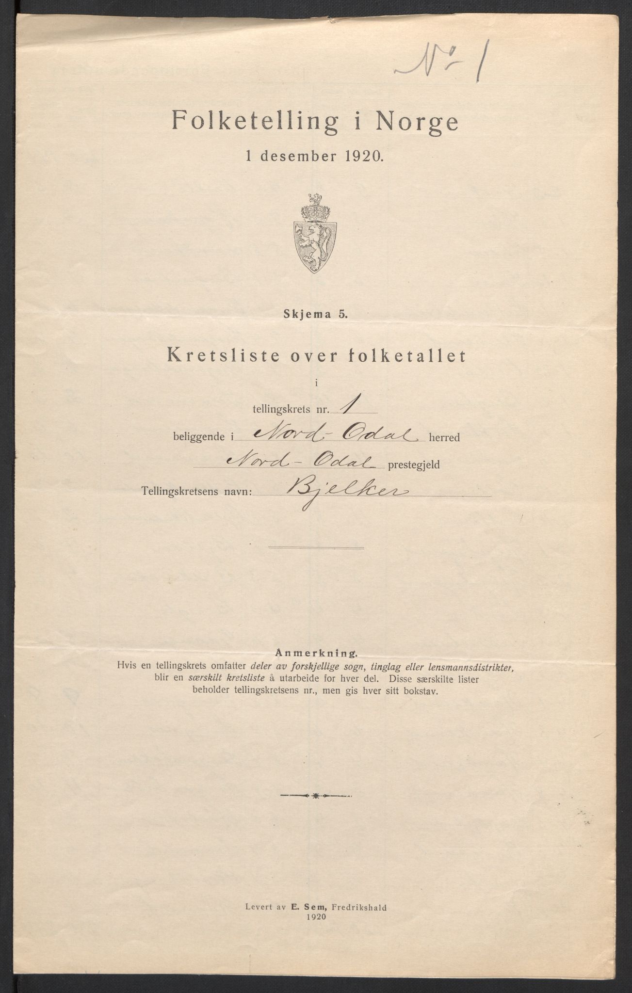 SAH, 1920 census for Nord-Odal, 1920, p. 6