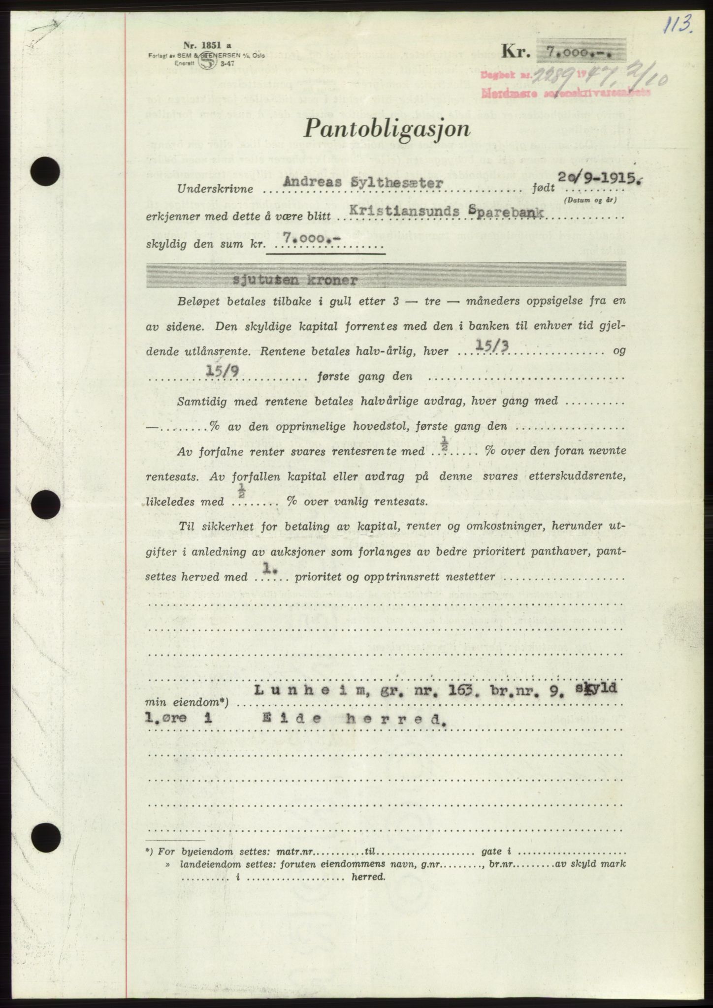 Nordmøre sorenskriveri, AV/SAT-A-4132/1/2/2Ca: Mortgage book no. B97, 1947-1948, Diary no: : 2289/1947