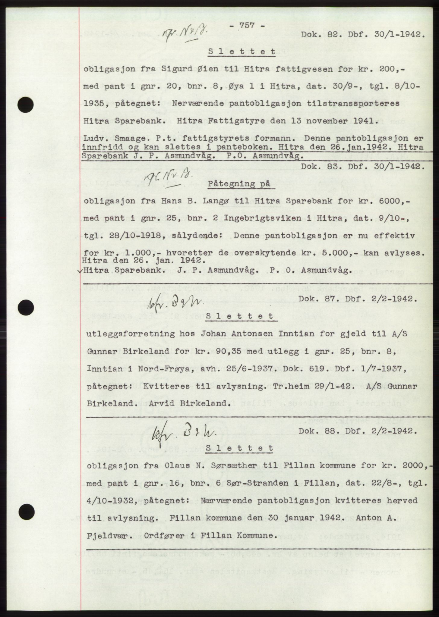 Hitra sorenskriveri, AV/SAT-A-0018/2/2C/2Ca: Mortgage book no. C1, 1936-1945, Diary no: : 82/1942