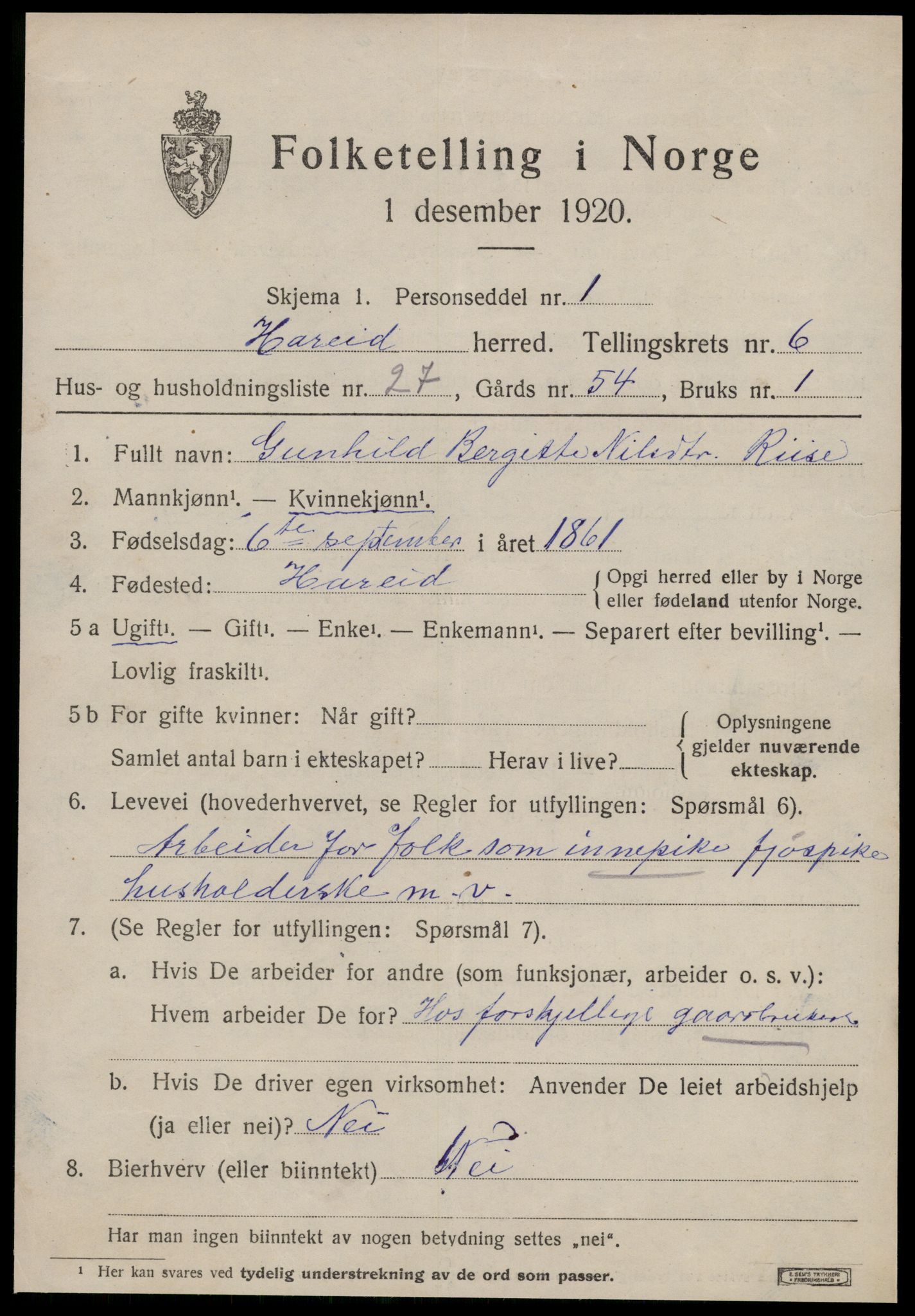 SAT, 1920 census for Hareid, 1920, p. 2491