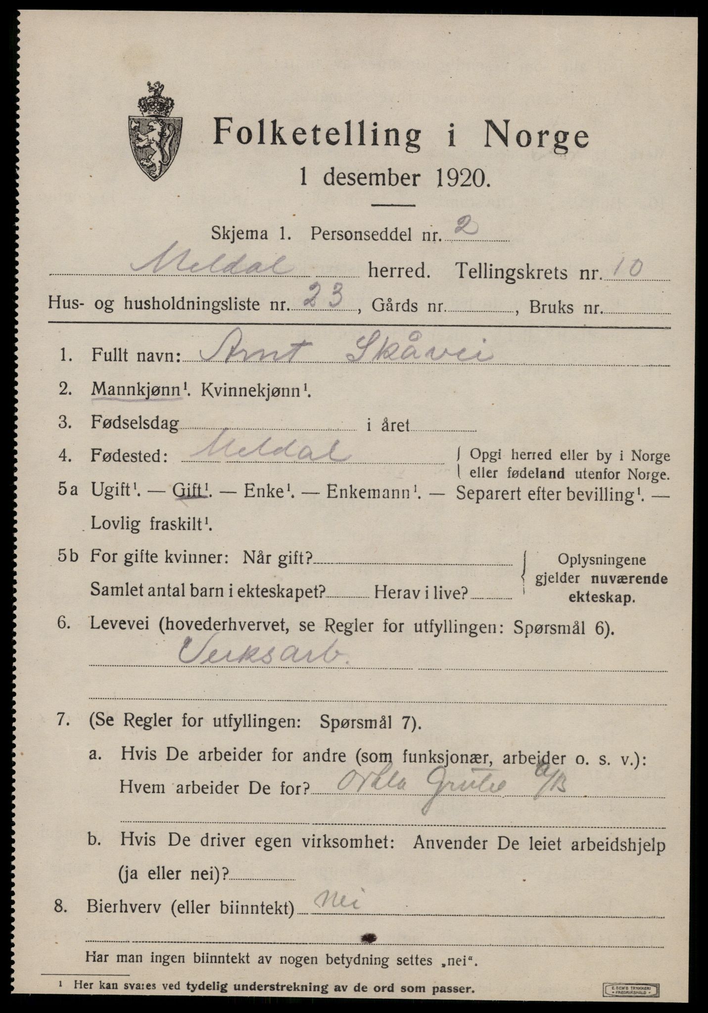 SAT, 1920 census for Meldal, 1920, p. 8491