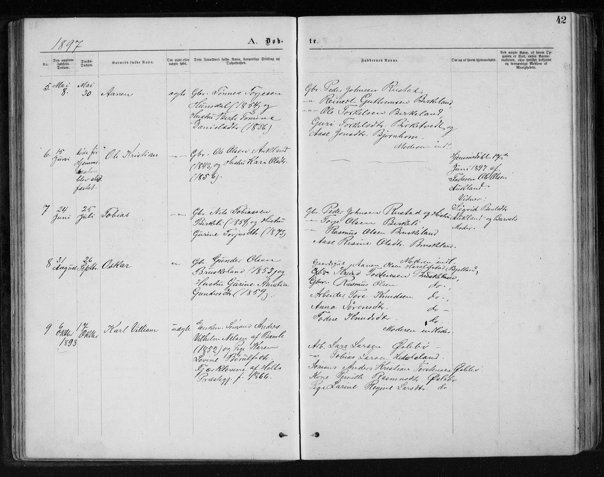 Holum sokneprestkontor, AV/SAK-1111-0022/F/Fb/Fbb/L0003: Parish register (copy) no. B 3, 1875-1898, p. 42