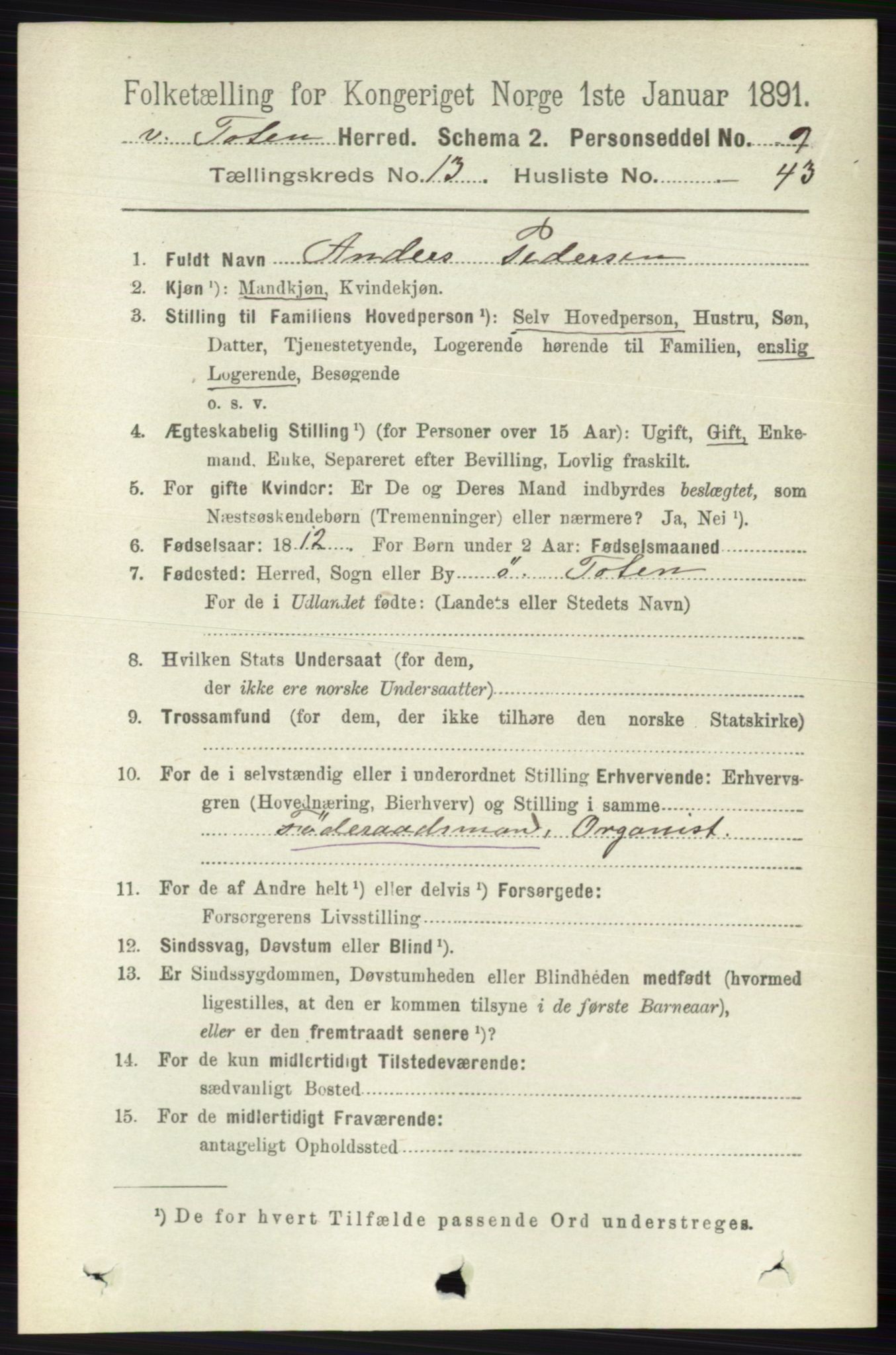 RA, 1891 census for 0529 Vestre Toten, 1891, p. 8040