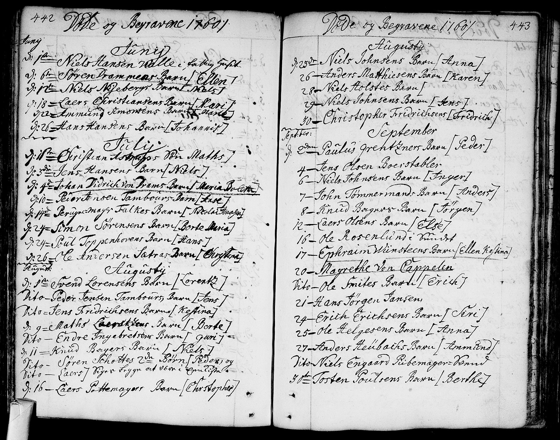 Bragernes kirkebøker, AV/SAKO-A-6/F/Fa/L0005: Parish register (official) no. I 5, 1759-1781, p. 442-443