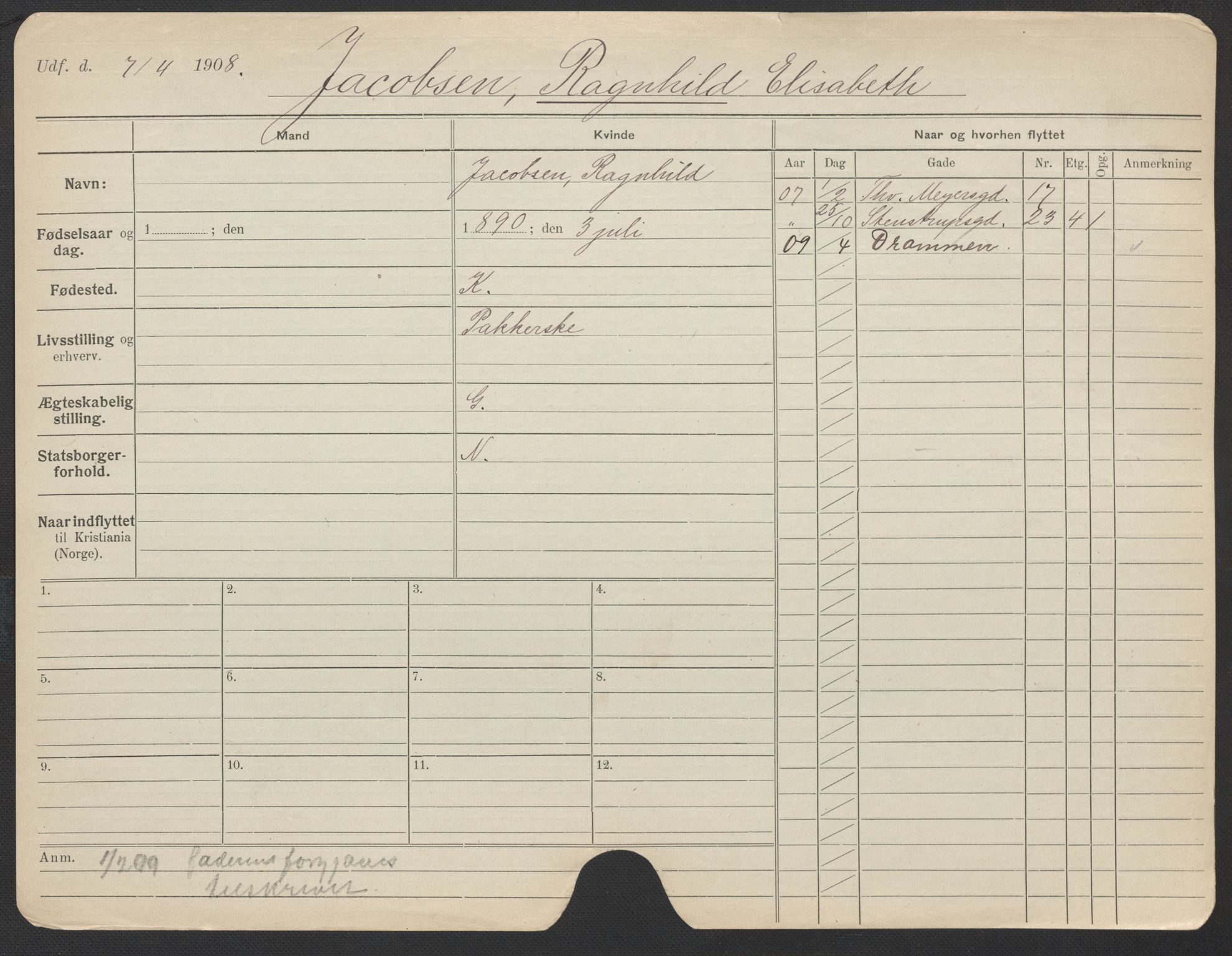 Oslo folkeregister, Registerkort, AV/SAO-A-11715/F/Fa/Fac/L0017: Kvinner, 1906-1914, p. 276a