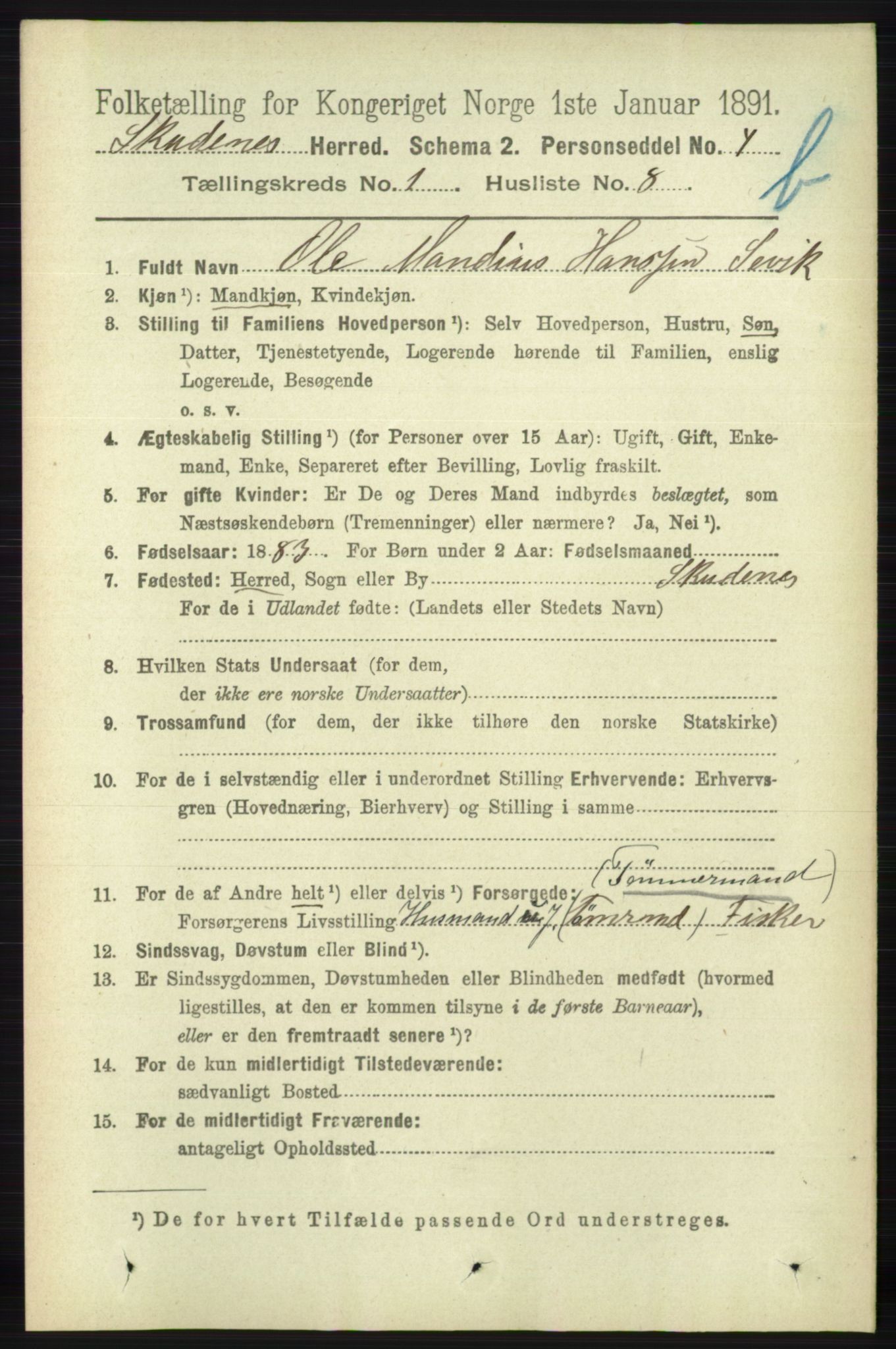 RA, 1891 census for 1150 Skudenes, 1891, p. 3445