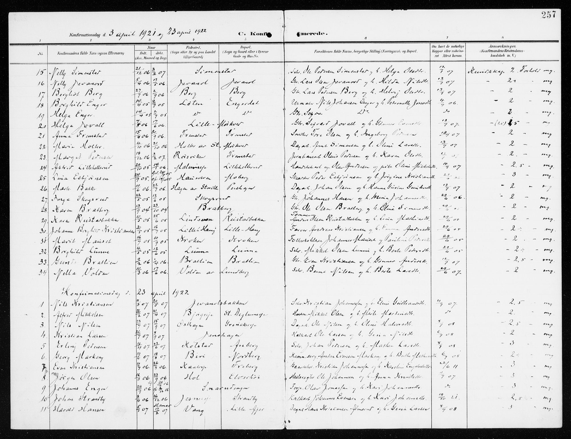 Furnes prestekontor, AV/SAH-PREST-012/K/Ka/L0001: Parish register (official) no. 1, 1907-1935, p. 257