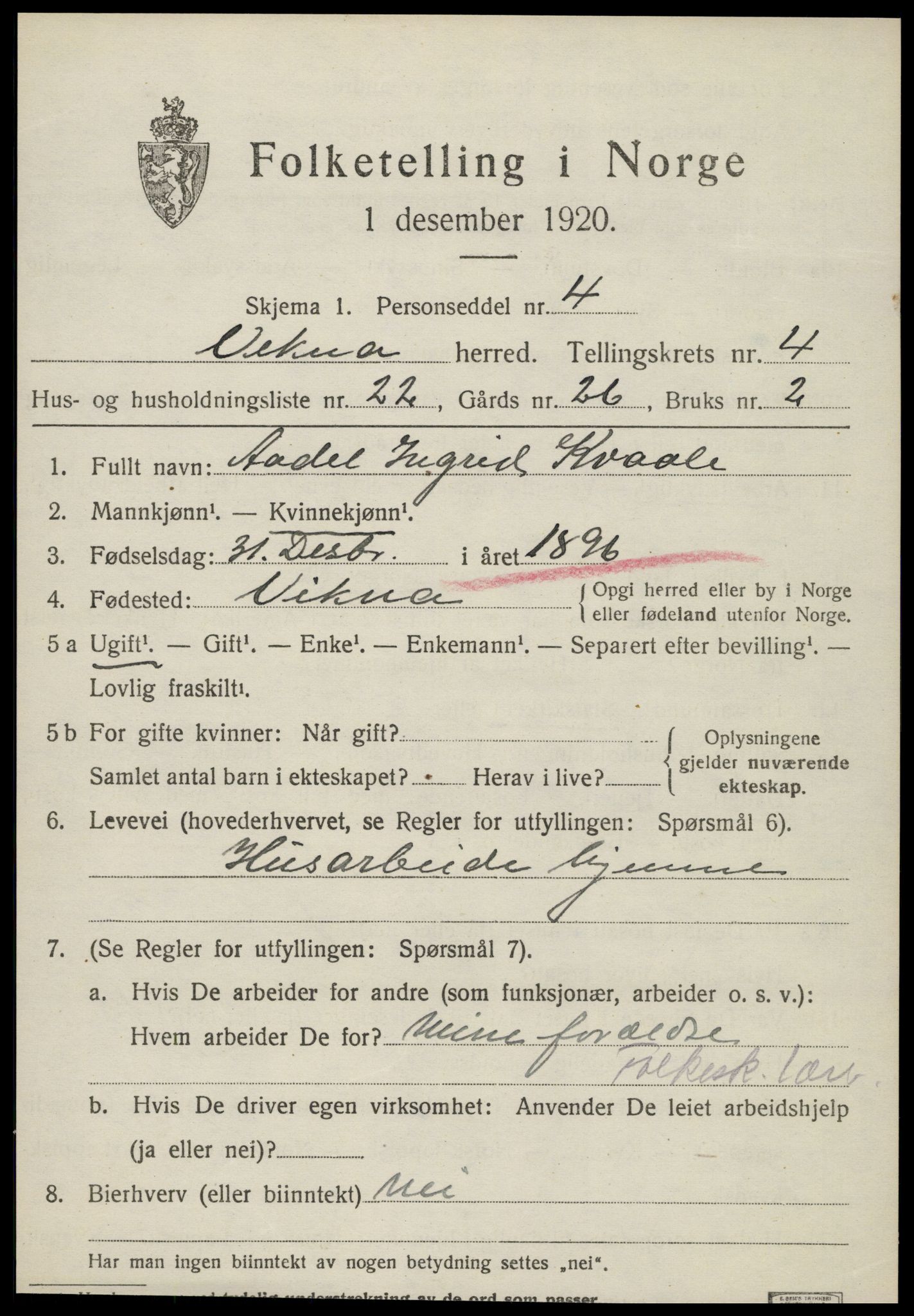 SAT, 1920 census for Vikna, 1920, p. 4391