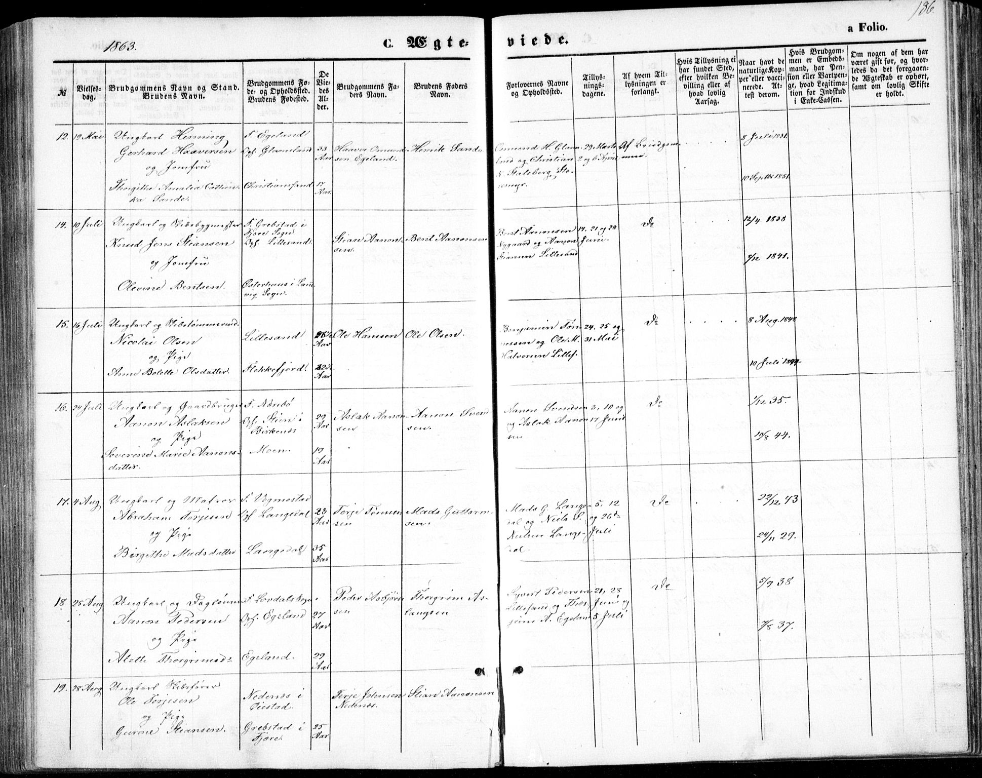 Vestre Moland sokneprestkontor, AV/SAK-1111-0046/F/Fb/Fbb/L0004: Parish register (copy) no. B 4, 1861-1872, p. 186