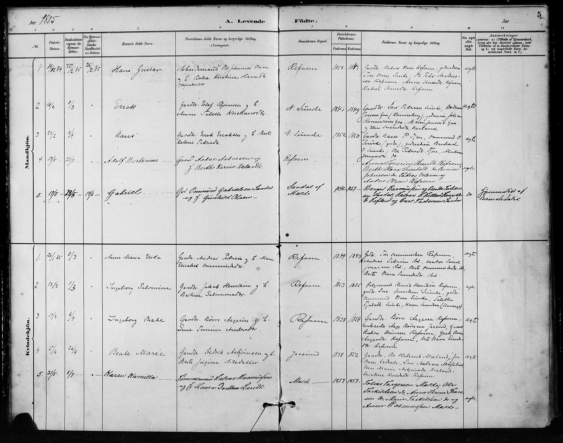 Håland sokneprestkontor, SAST/A-101802/001/30BA/L0011: Parish register (official) no. A 10, 1883-1900, p. 5
