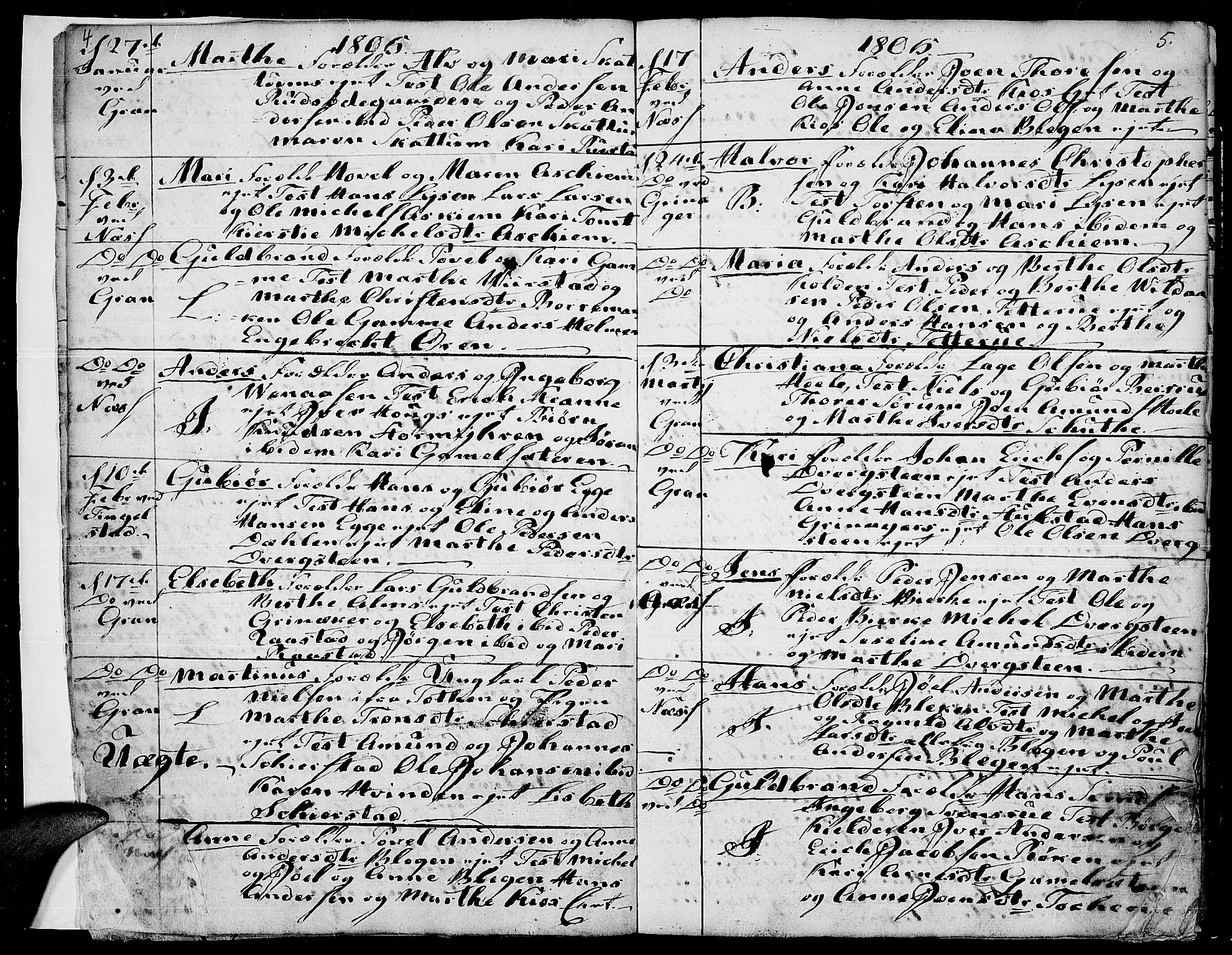 Gran prestekontor, SAH/PREST-112/H/Ha/Haa/L0007: Parish register (official) no. 7, 1804-1815, p. 4-5