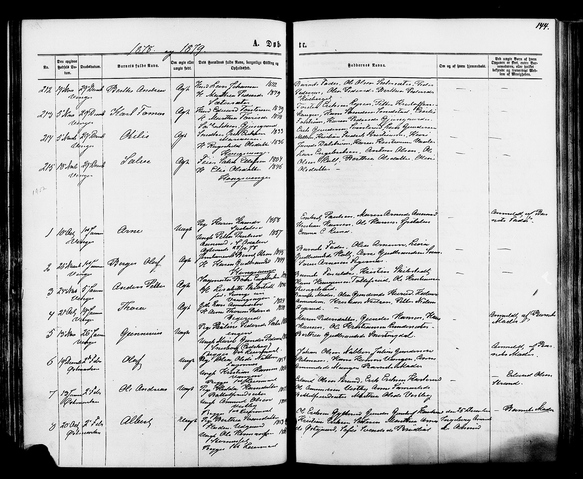 Vinger prestekontor, SAH/PREST-024/H/Ha/Haa/L0012: Parish register (official) no. 12, 1871-1880, p. 144