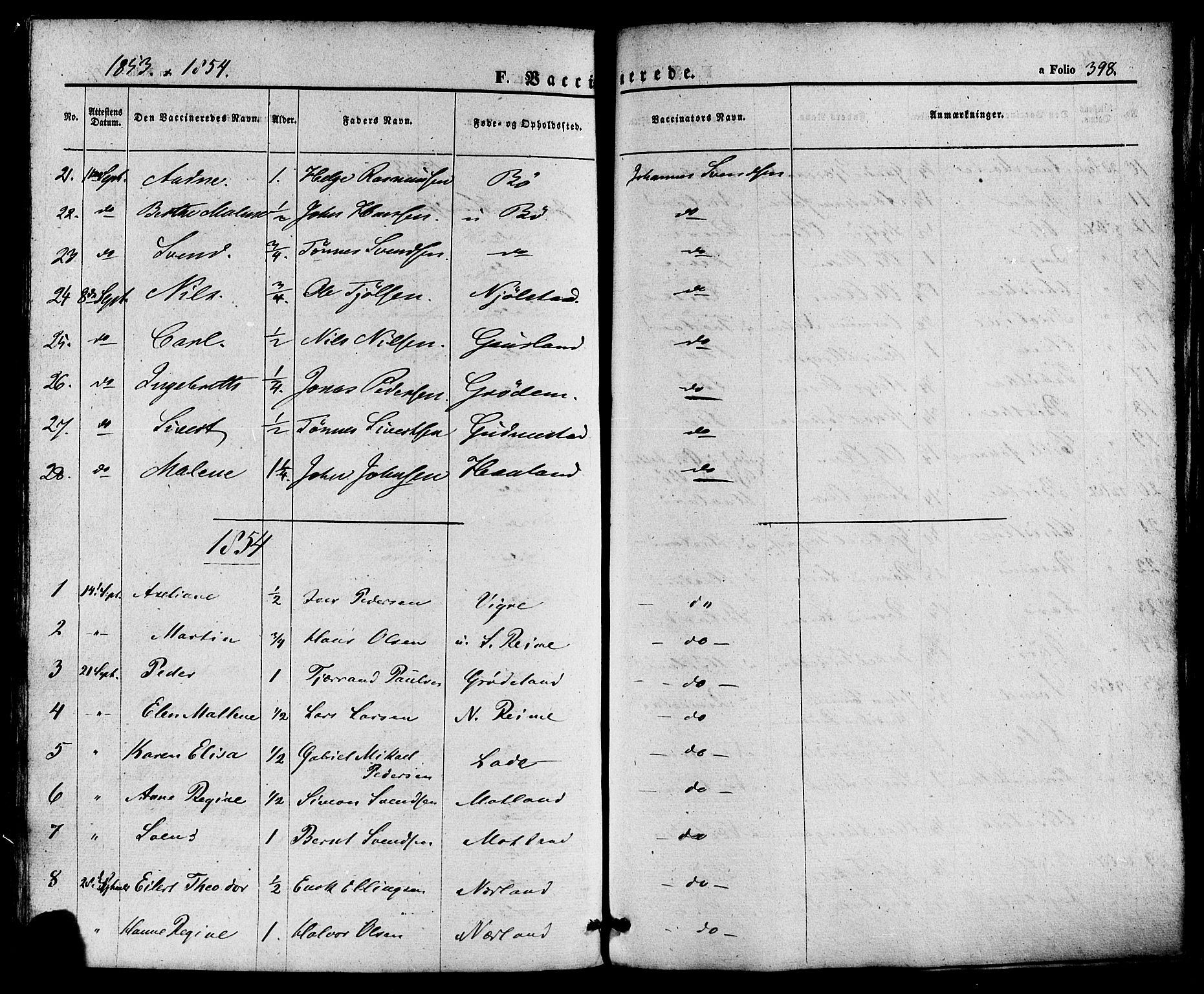 Hå sokneprestkontor, AV/SAST-A-101801/001/30BA/L0008: Parish register (official) no. A 7, 1853-1878, p. 398