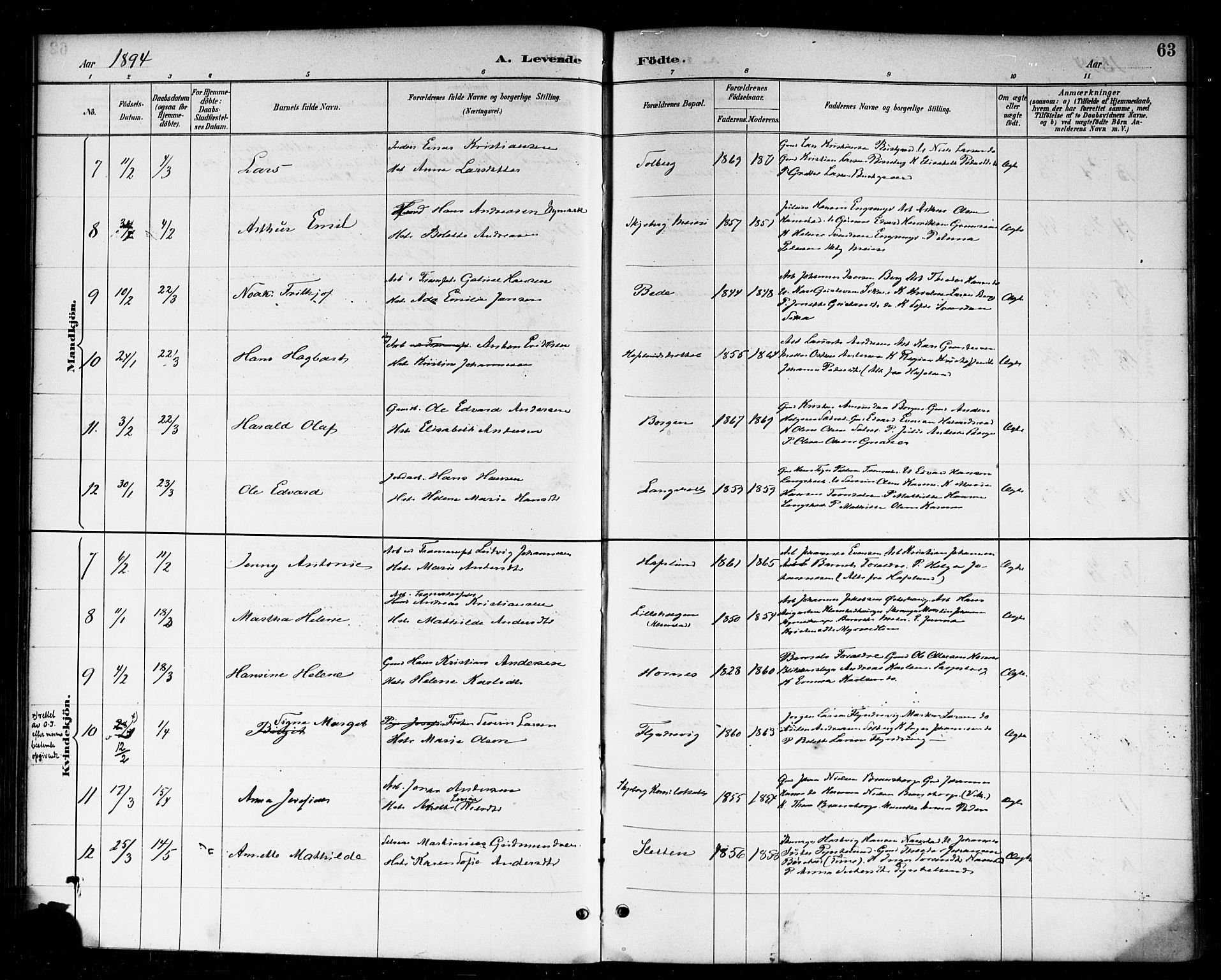 Skjeberg prestekontor Kirkebøker, SAO/A-10923/F/Fa/L0009: Parish register (official) no. I 9, 1886-1897, p. 63
