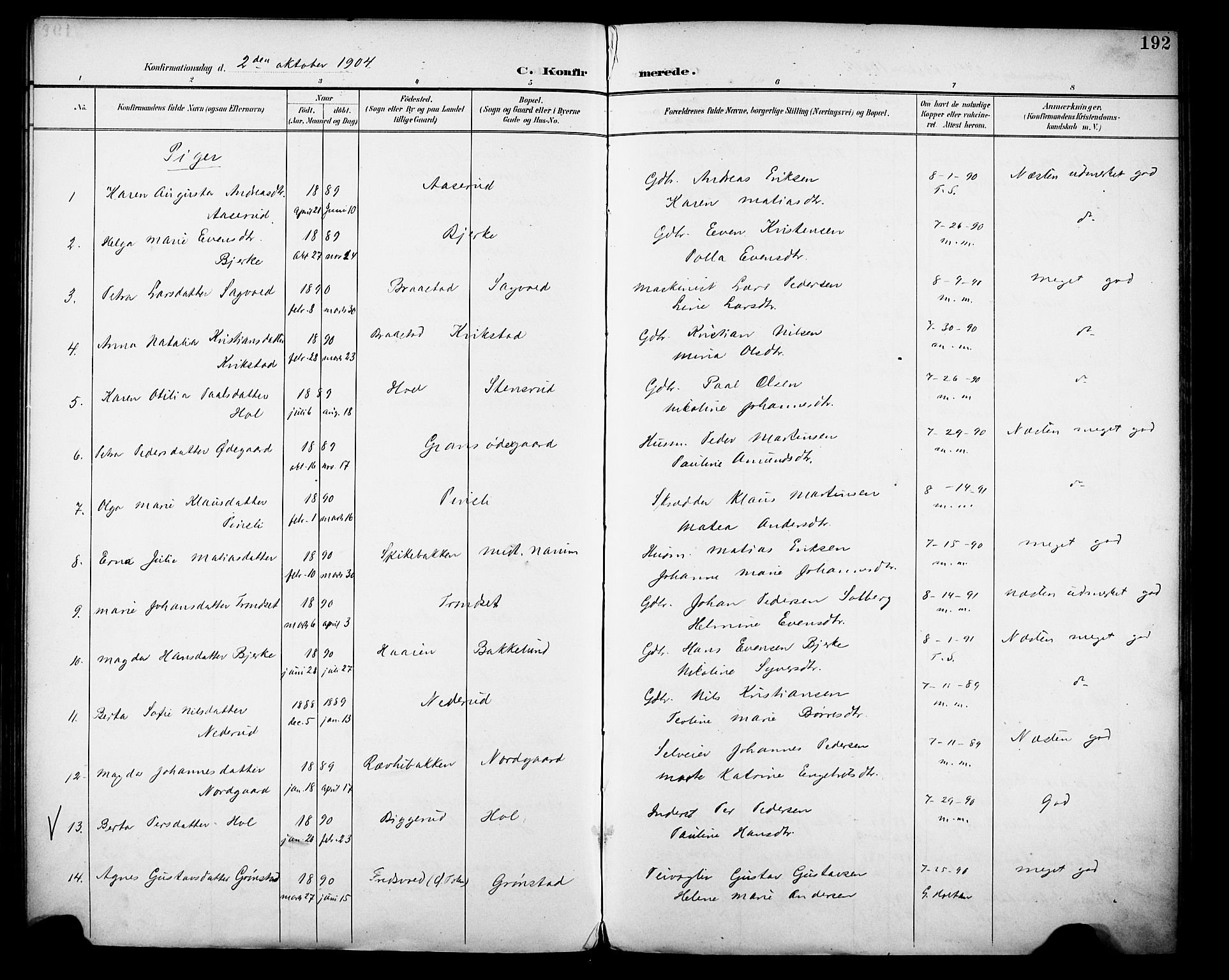 Vestre Toten prestekontor, AV/SAH-PREST-108/H/Ha/Haa/L0013: Parish register (official) no. 13, 1895-1911, p. 192