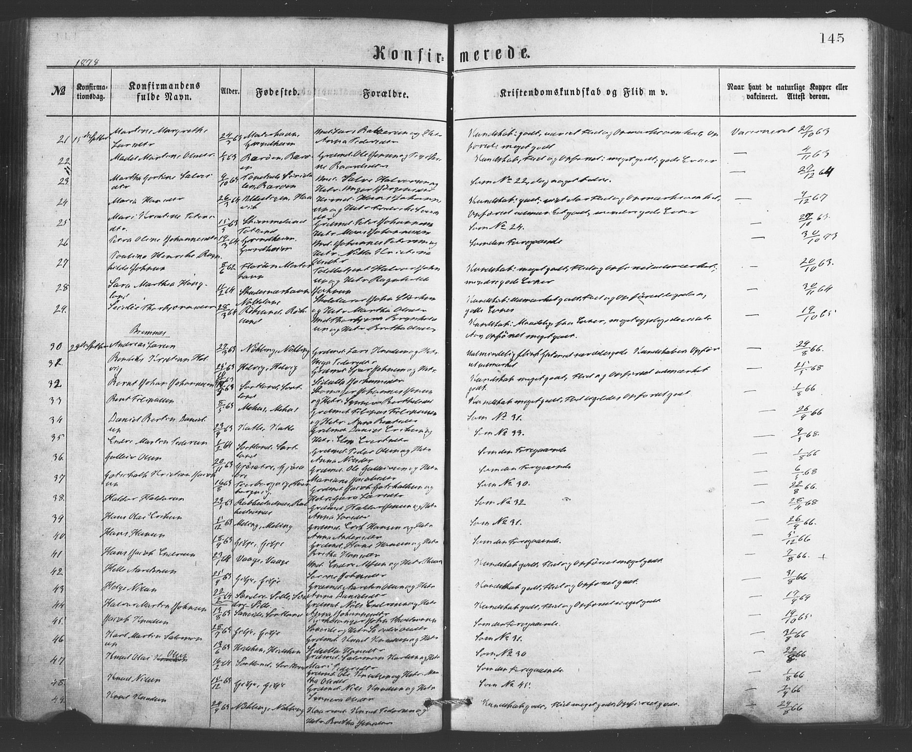 Finnås sokneprestembete, AV/SAB-A-99925/H/Ha/Haa/Haaa/L0009: Parish register (official) no. A 9, 1873-1881, p. 145