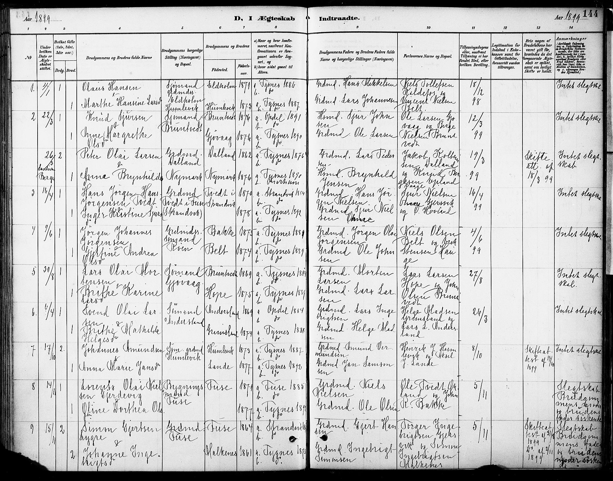 Tysnes sokneprestembete, SAB/A-78601/H/Haa: Parish register (official) no. B 1, 1887-1906, p. 144