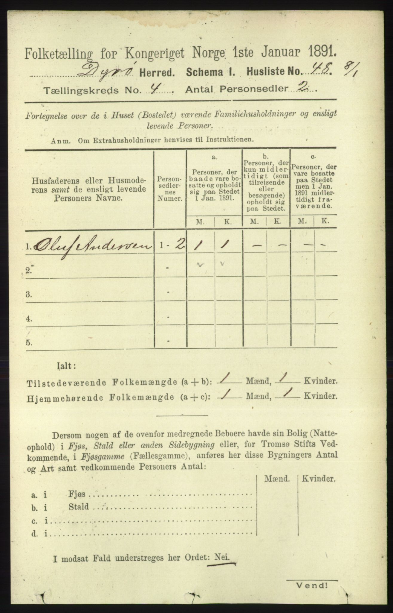 RA, 1891 census for 1926 Dyrøy, 1891, p. 1498