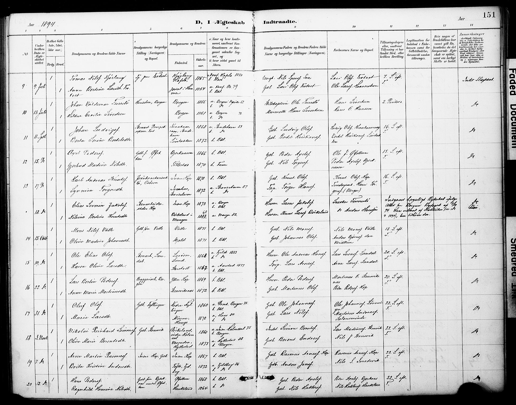 Fana Sokneprestembete, AV/SAB-A-75101/H/Haa/Haai/L0002: Parish register (official) no. I 2, 1888-1899, p. 151