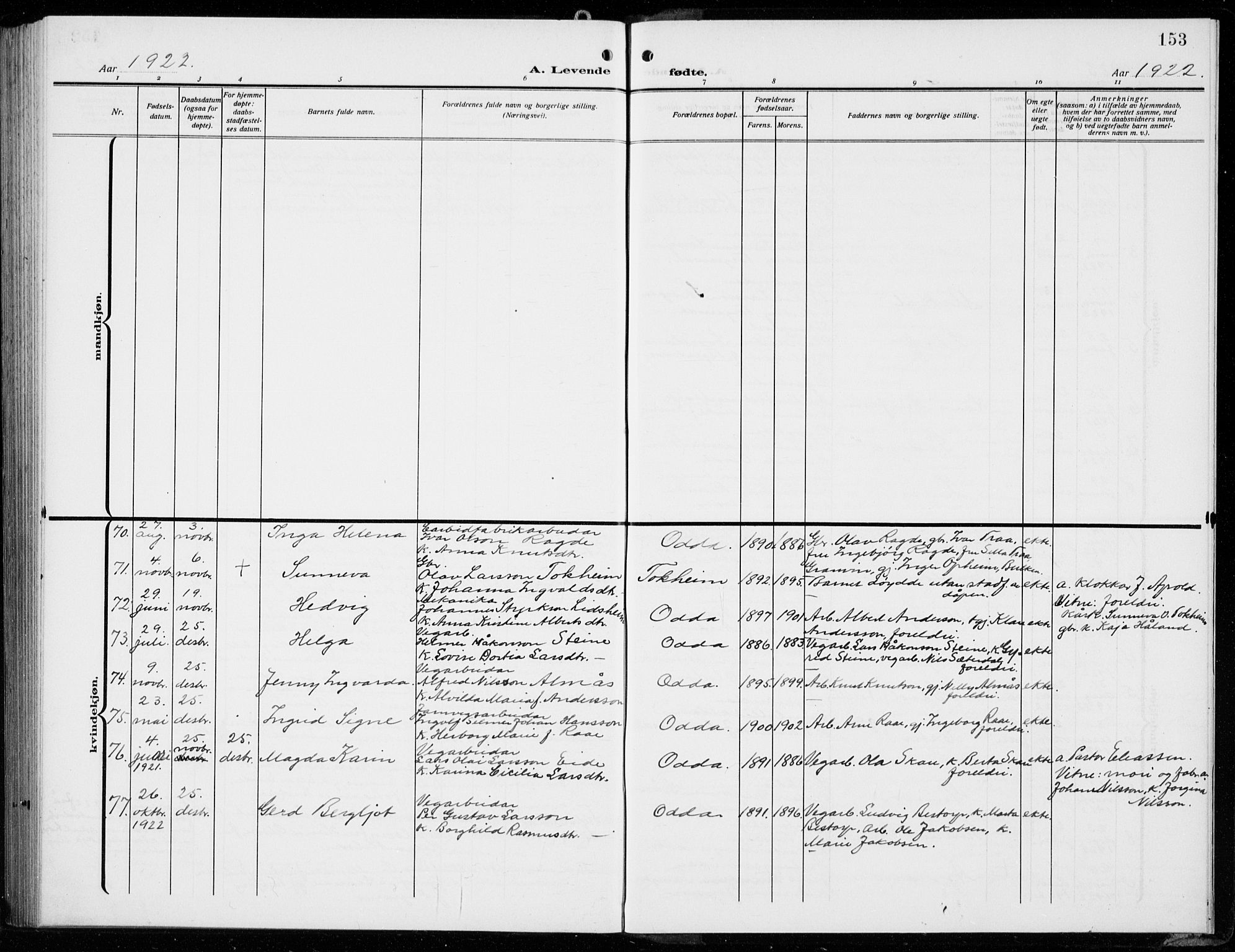 Odda Sokneprestembete, AV/SAB-A-77201/H/Hab: Parish register (copy) no. B  2, 1910-1923, p. 153