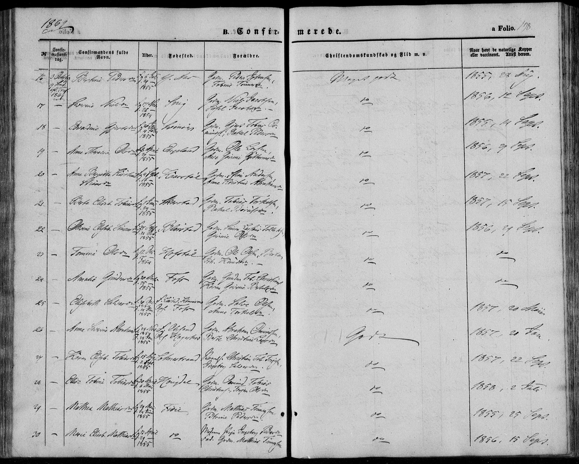 Sør-Audnedal sokneprestkontor, AV/SAK-1111-0039/F/Fa/Fab/L0007: Parish register (official) no. A 7, 1855-1876, p. 198