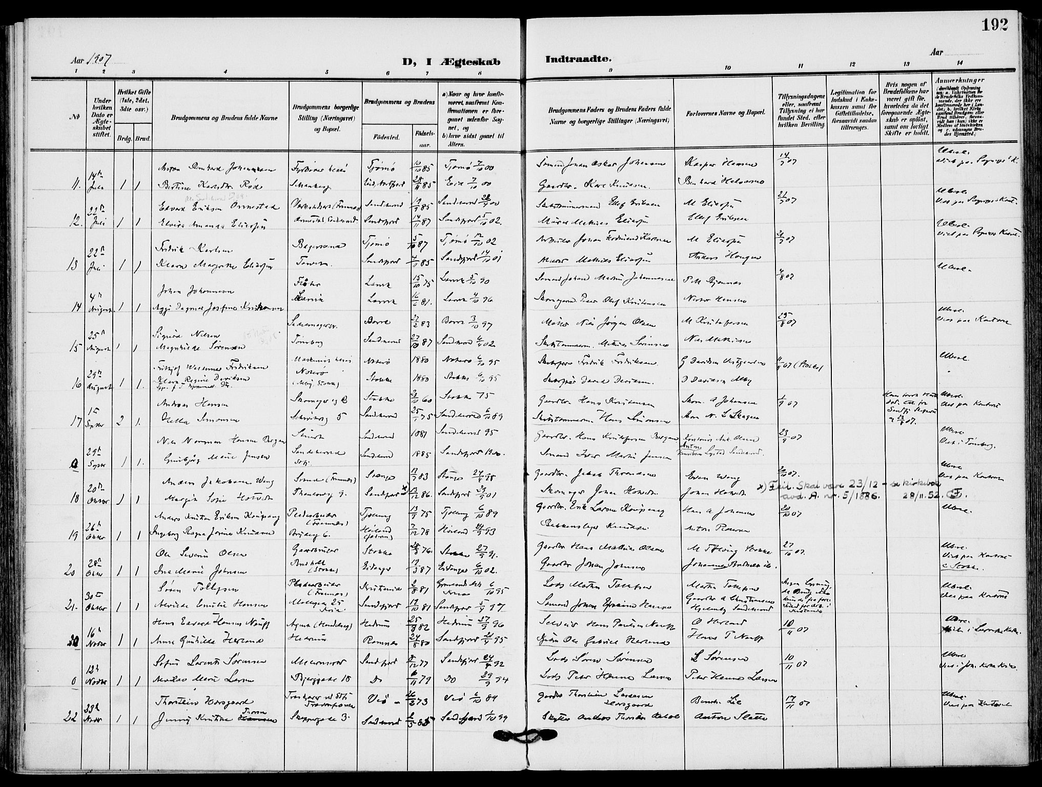 Sandefjord kirkebøker, AV/SAKO-A-315/F/Fa/L0005: Parish register (official) no. 5, 1906-1915, p. 192