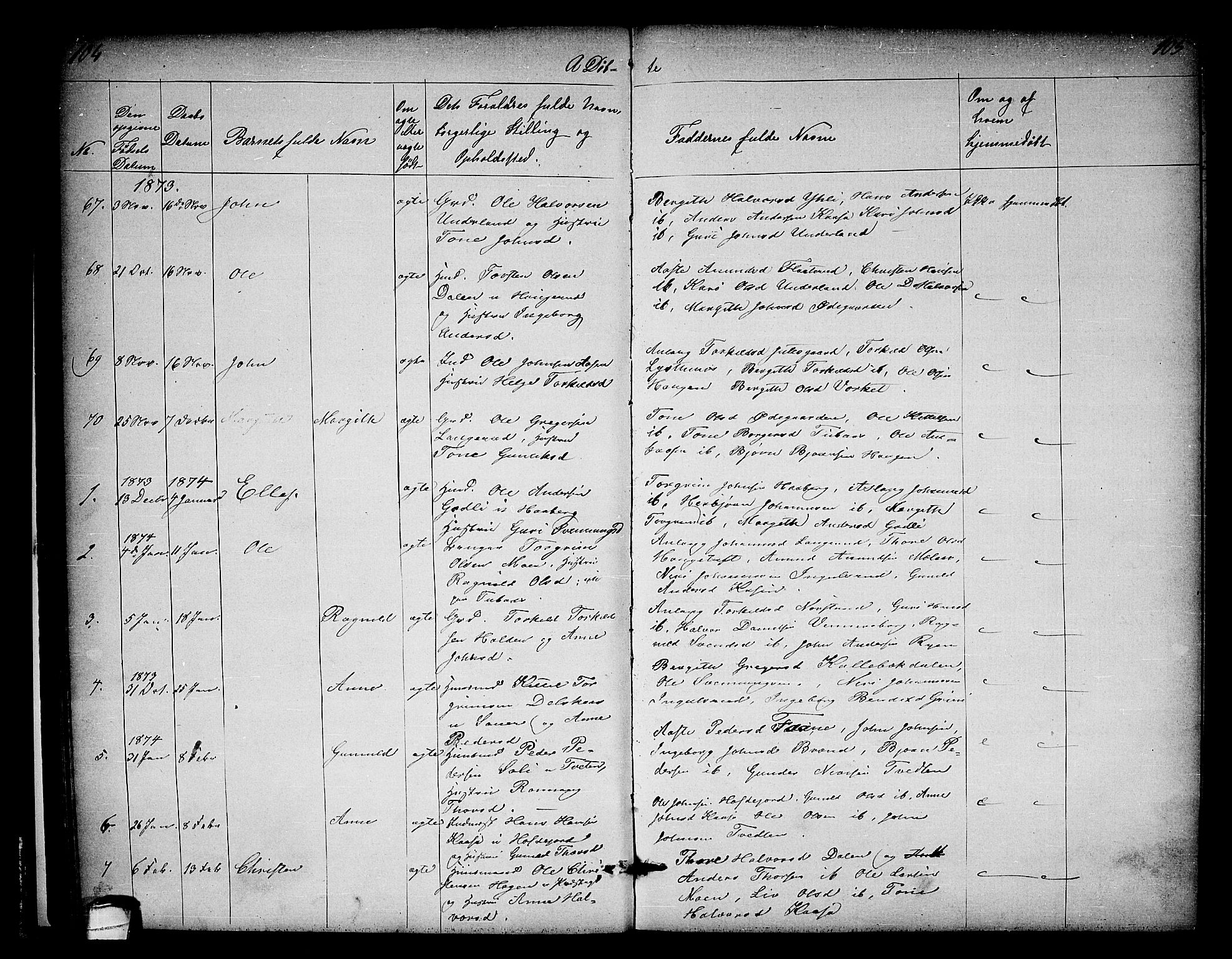 Heddal kirkebøker, SAKO/A-268/G/Ga/L0001: Parish register (copy) no. I 1, 1866-1878, p. 104-105