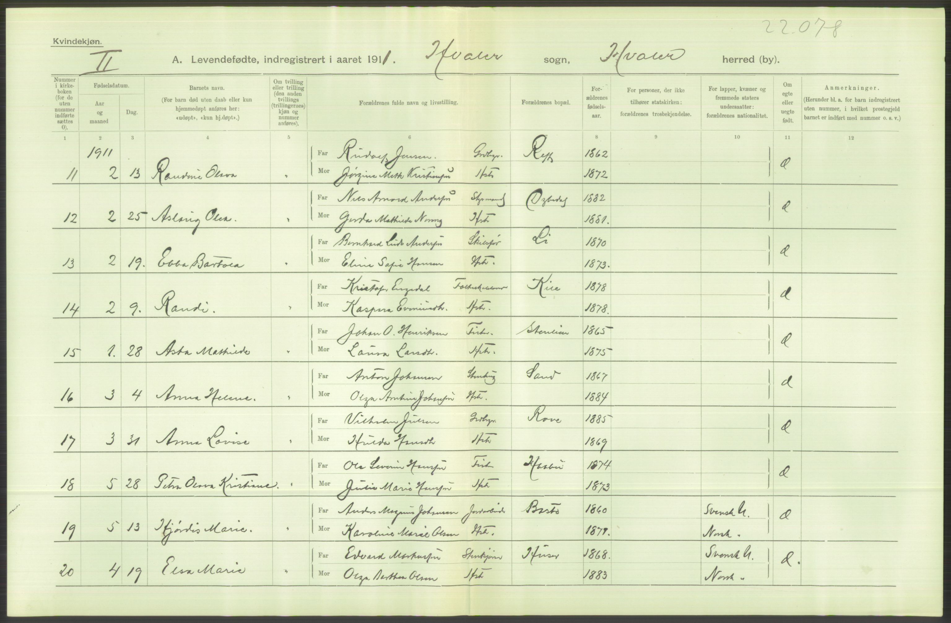 Statistisk sentralbyrå, Sosiodemografiske emner, Befolkning, AV/RA-S-2228/D/Df/Dfb/Dfba/L0001: Smålenenes amt: Levendefødte menn og kvinner. Bygder., 1911, p. 454