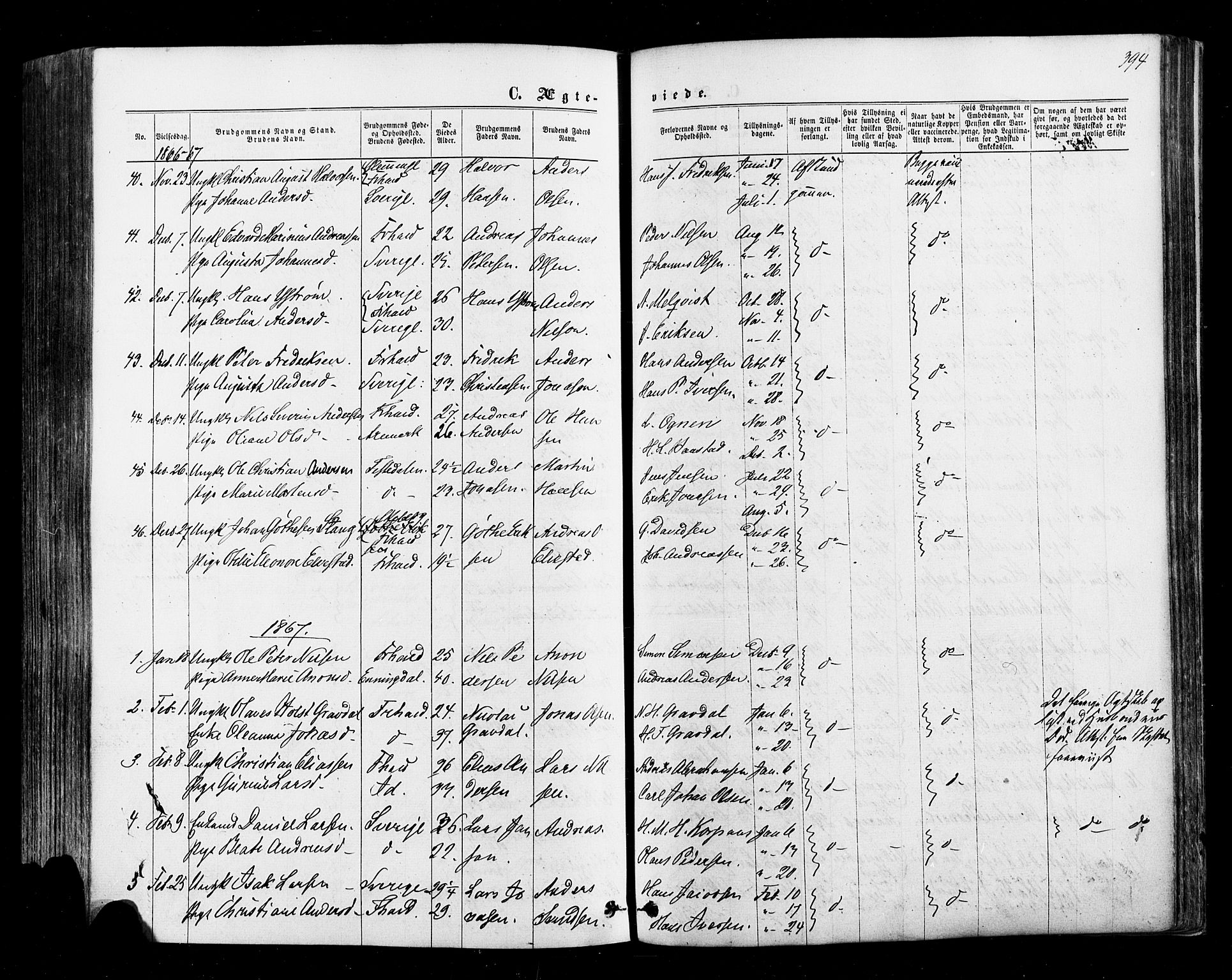 Halden prestekontor Kirkebøker, SAO/A-10909/F/Fa/L0009: Parish register (official) no. I 9, 1866-1877, p. 394