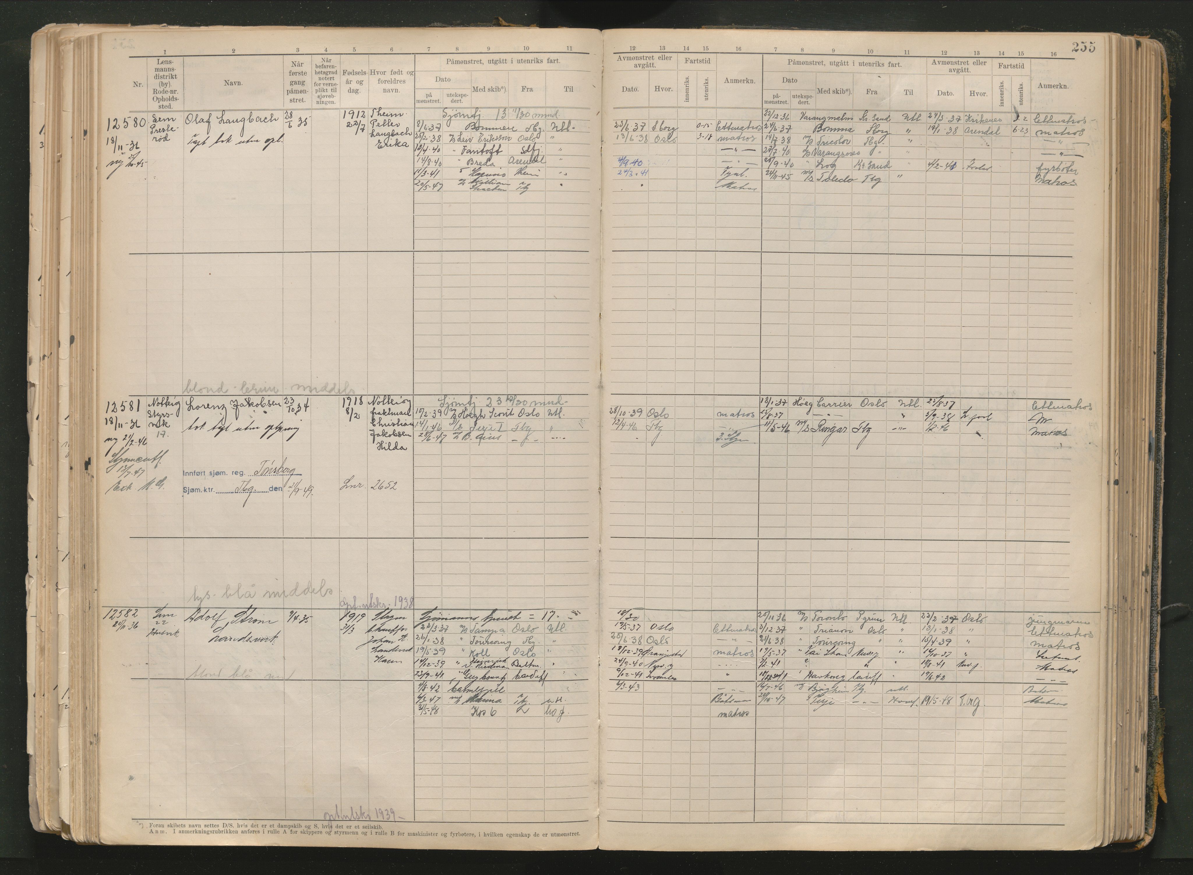 Tønsberg innrulleringskontor, AV/SAKO-A-786/F/Fc/Fca/L0013: Hovedrulle Patent nr. 11480-13109, 101-516, 1927-1948, p. 255