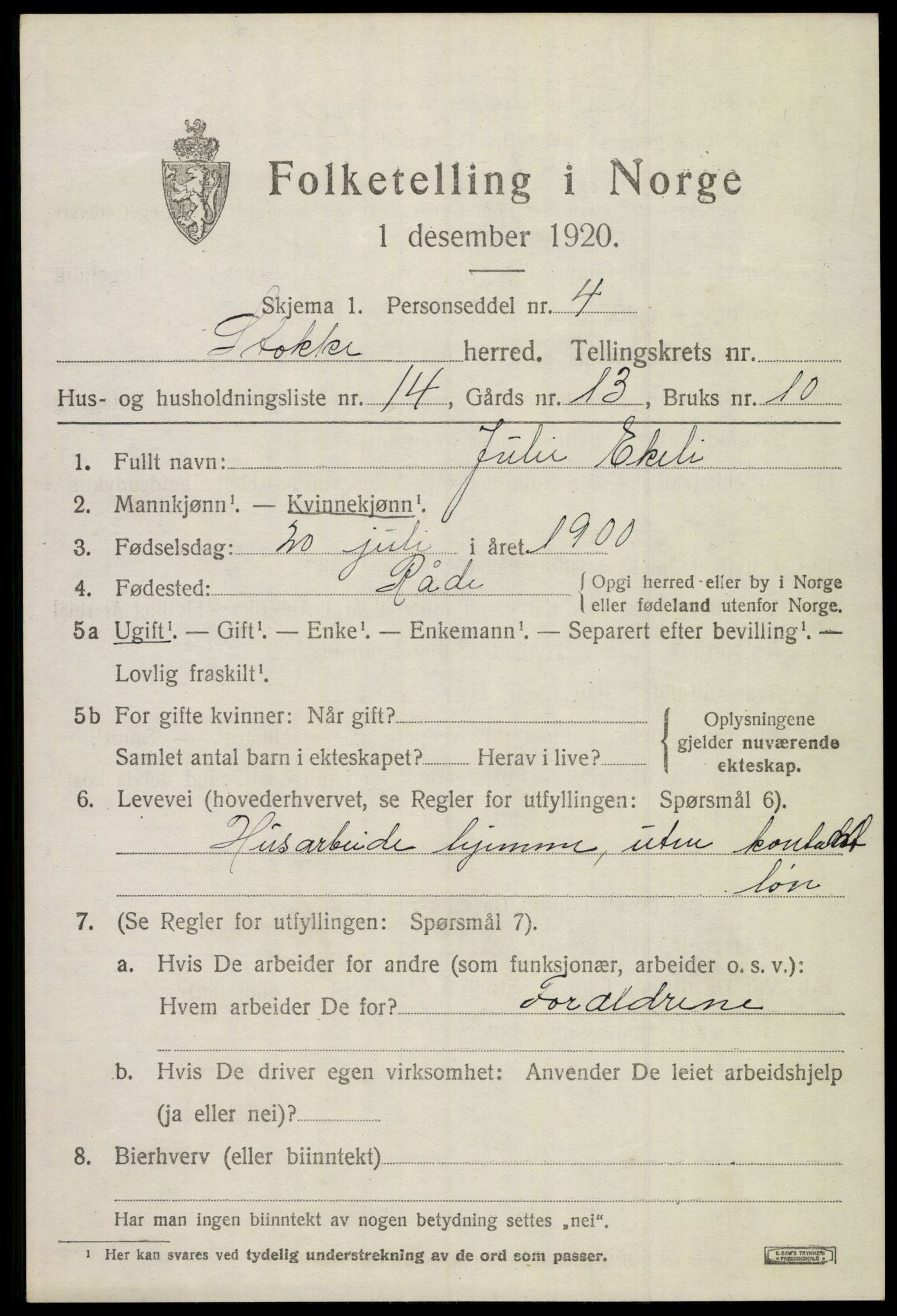 SAKO, 1920 census for Stokke, 1920, p. 3134