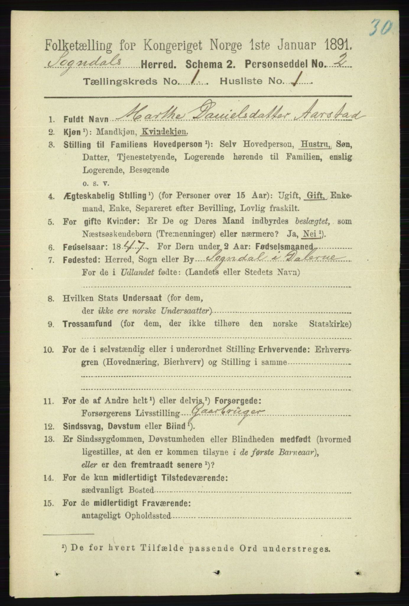 RA, 1891 census for 1111 Sokndal, 1891, p. 88