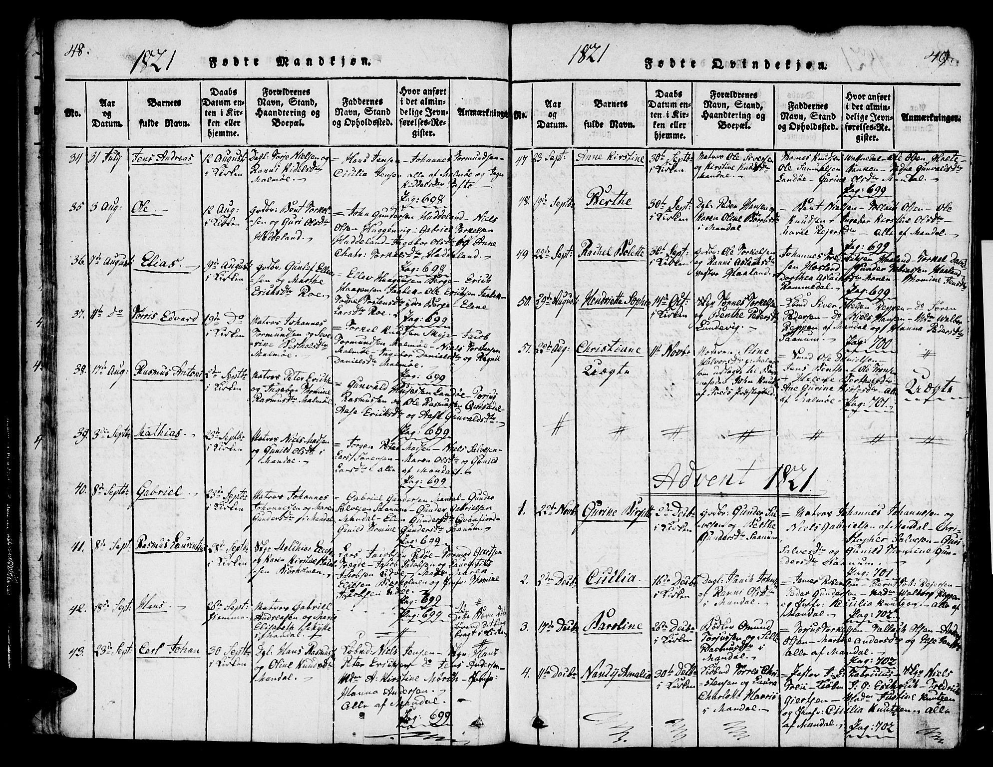 Mandal sokneprestkontor, SAK/1111-0030/F/Fa/Faa/L0010: Parish register (official) no. A 10, 1817-1830, p. 48-49