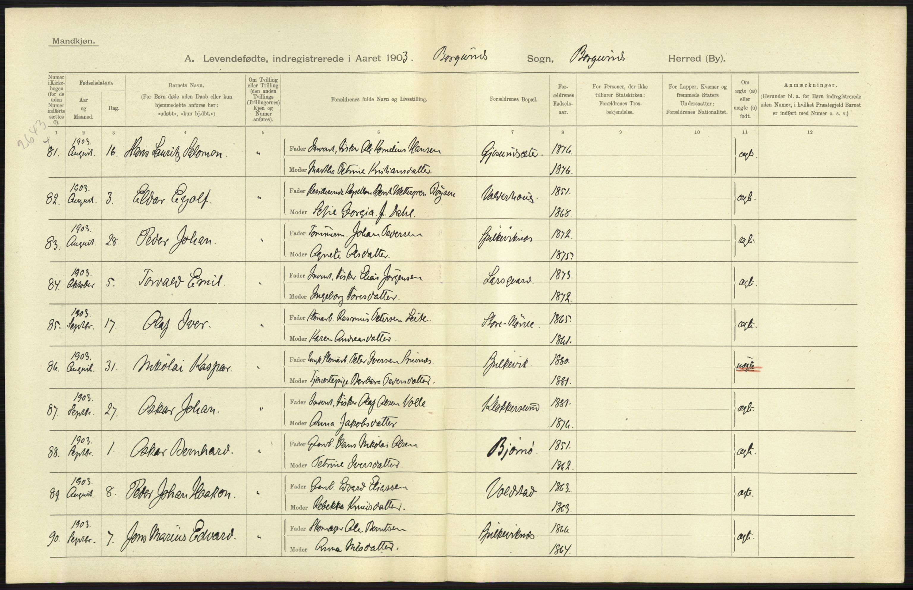 Statistisk sentralbyrå, Sosiodemografiske emner, Befolkning, AV/RA-S-2228/D/Df/Dfa/Dfaa/L0016: Romsdal amt: Fødte, gifte, døde., 1903, p. 5