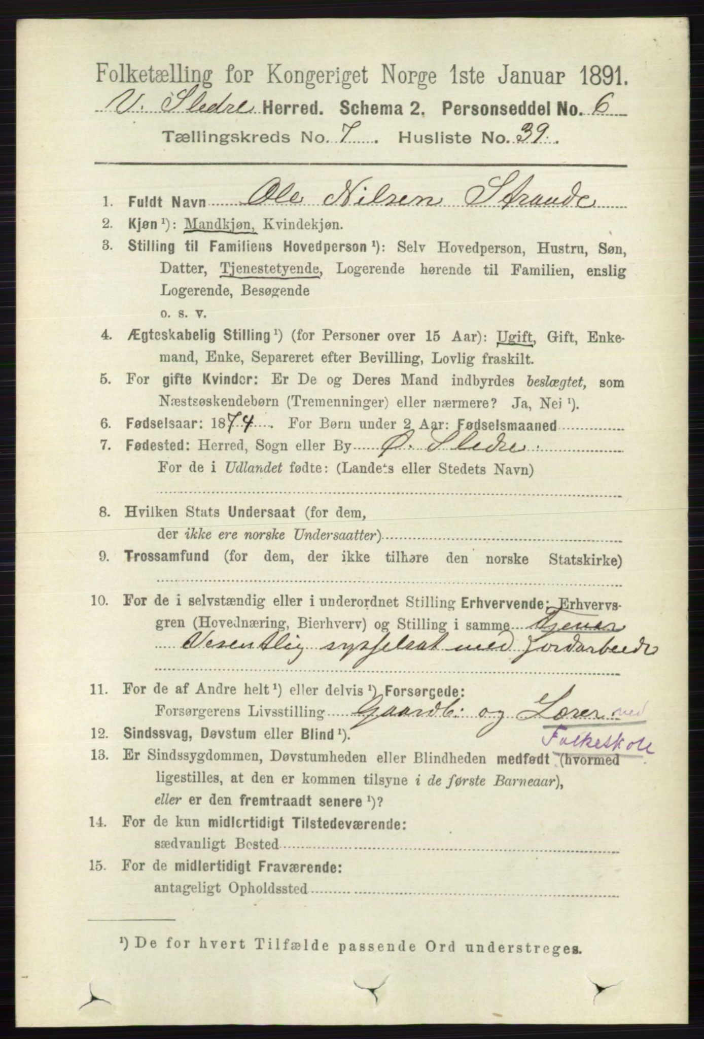 RA, 1891 census for 0543 Vestre Slidre, 1891, p. 2804