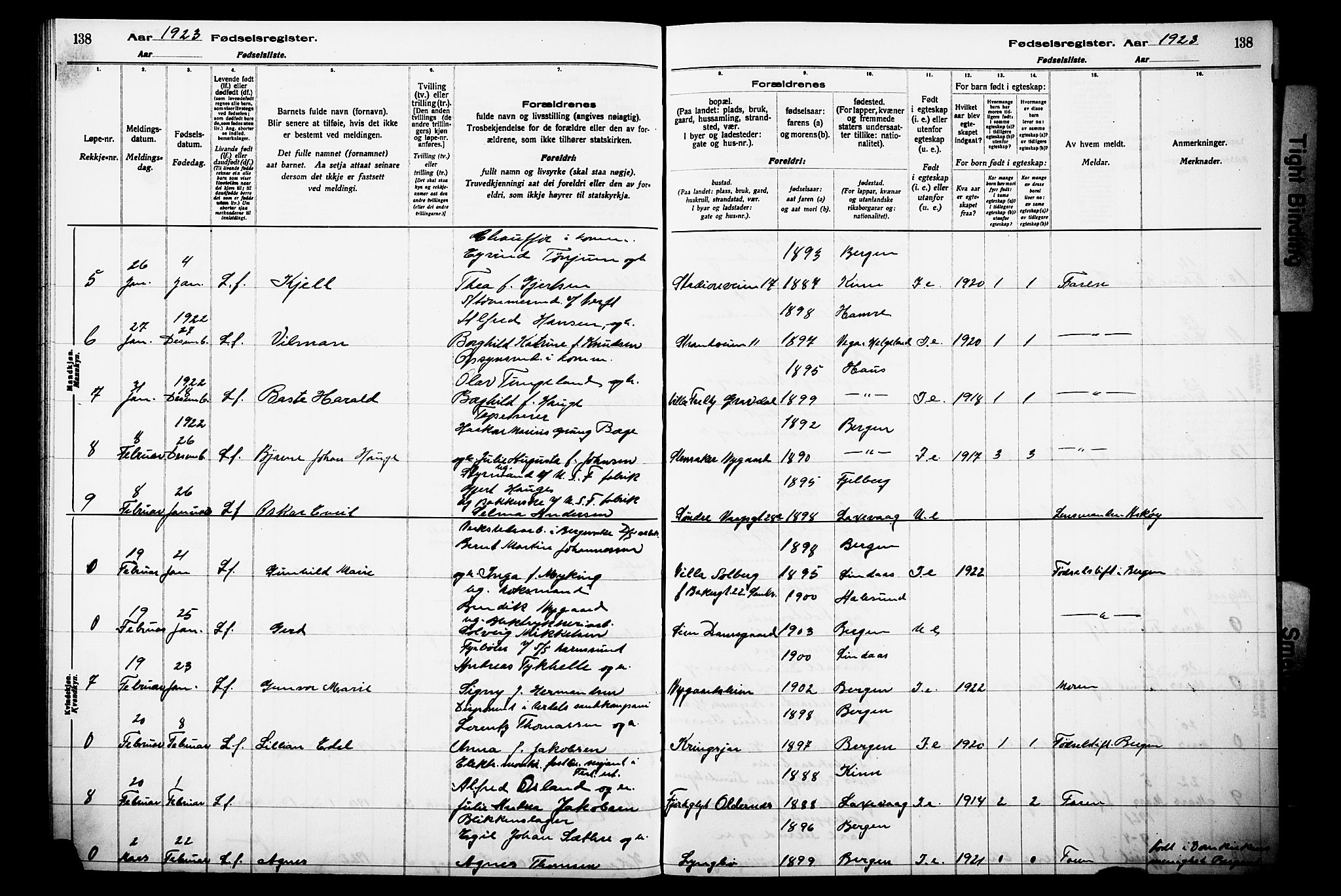 Laksevåg Sokneprestembete, AV/SAB-A-76501/I/Id/L00A1: Birth register no. A 1, 1916-1926, p. 138