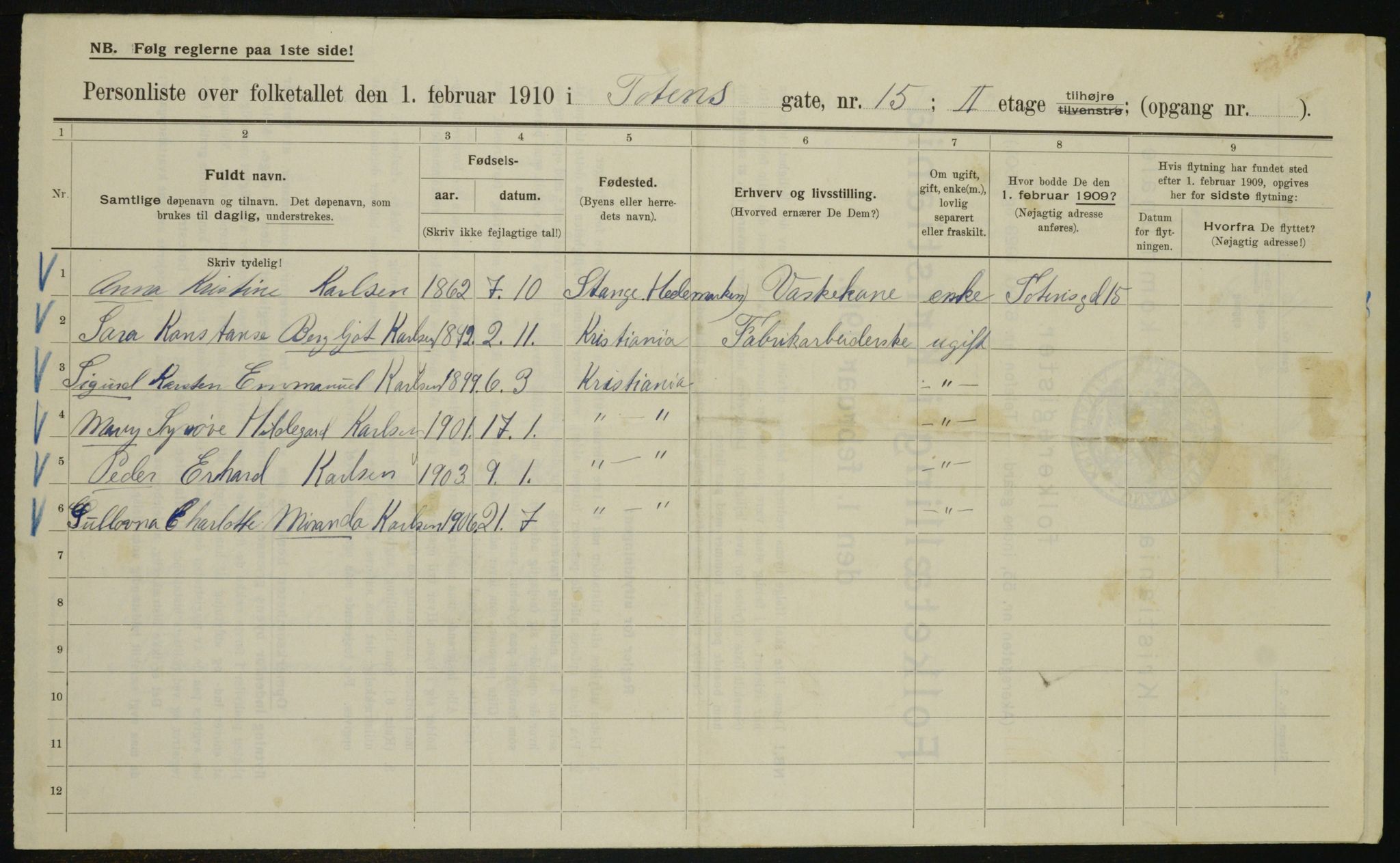 OBA, Municipal Census 1910 for Kristiania, 1910, p. 109686