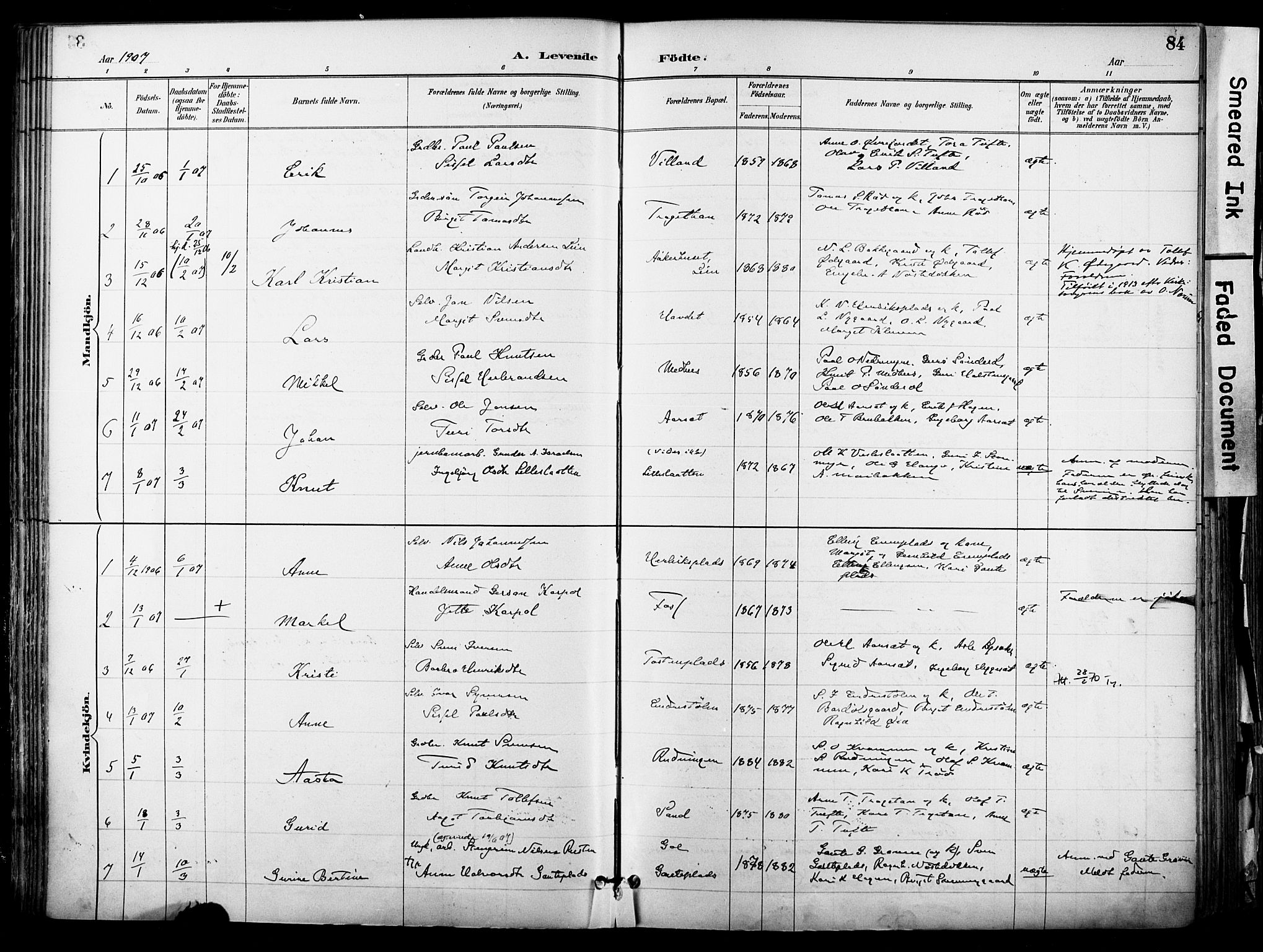 Hol kirkebøker, AV/SAKO-A-227/F/Fa/L0003: Parish register (official) no. I 3, 1887-1918, p. 84