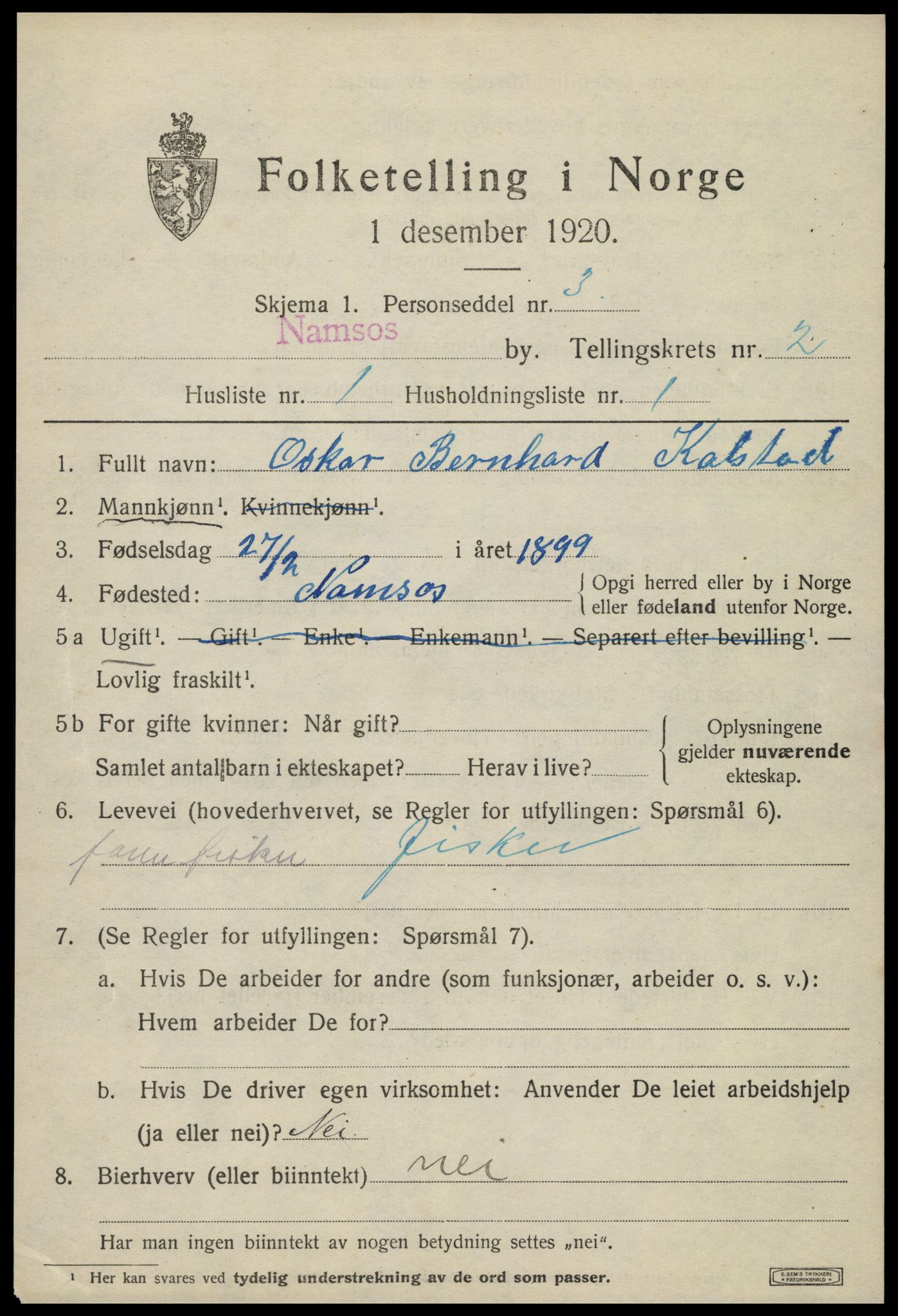 SAT, 1920 census for Namsos, 1920, p. 3137