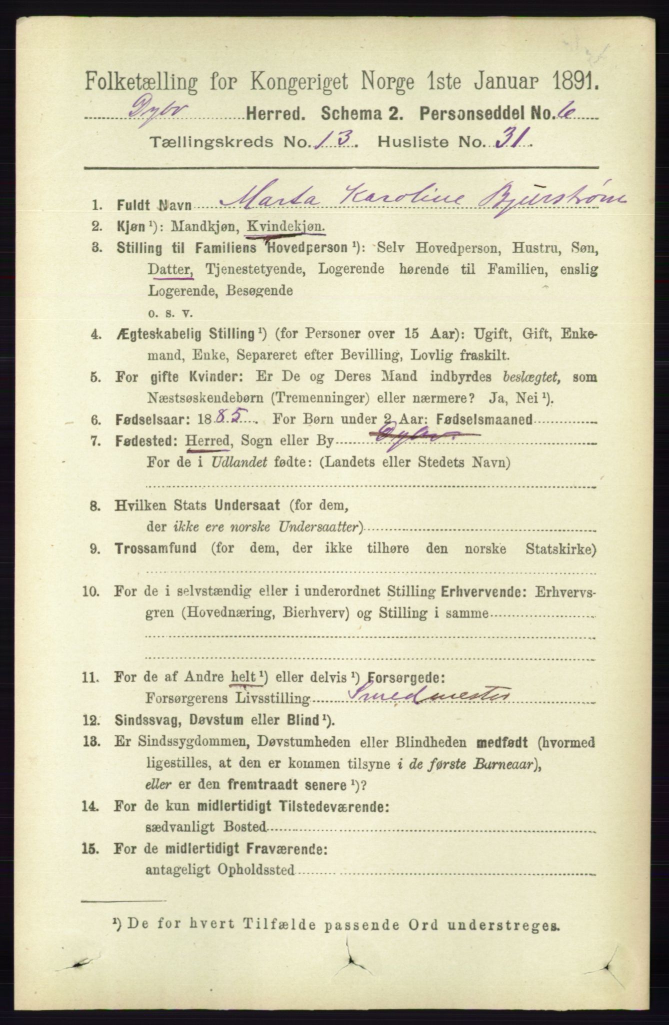 RA, 1891 census for 0915 Dypvåg, 1891, p. 5484