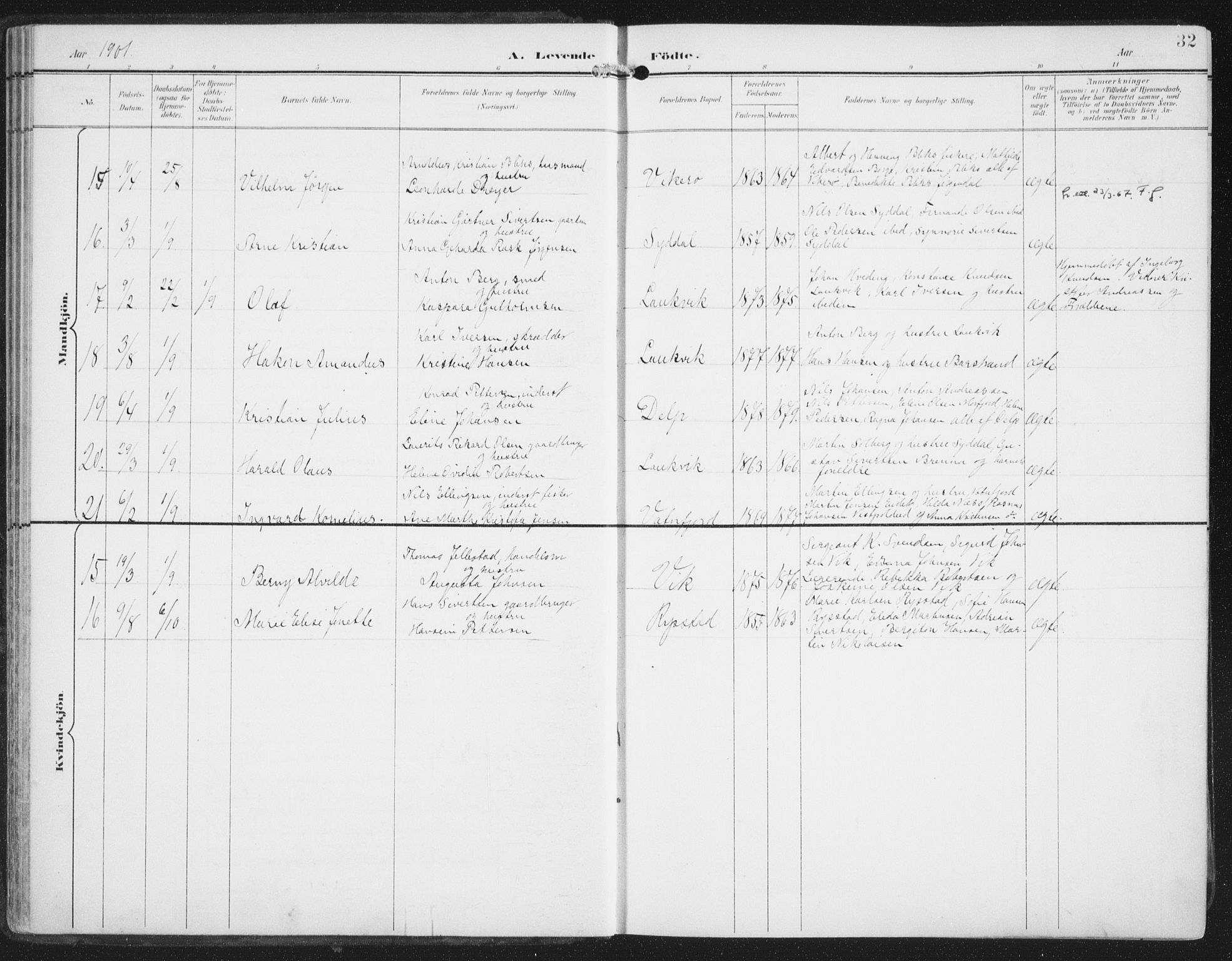 Ministerialprotokoller, klokkerbøker og fødselsregistre - Nordland, SAT/A-1459/876/L1098: Parish register (official) no. 876A04, 1896-1915, p. 32