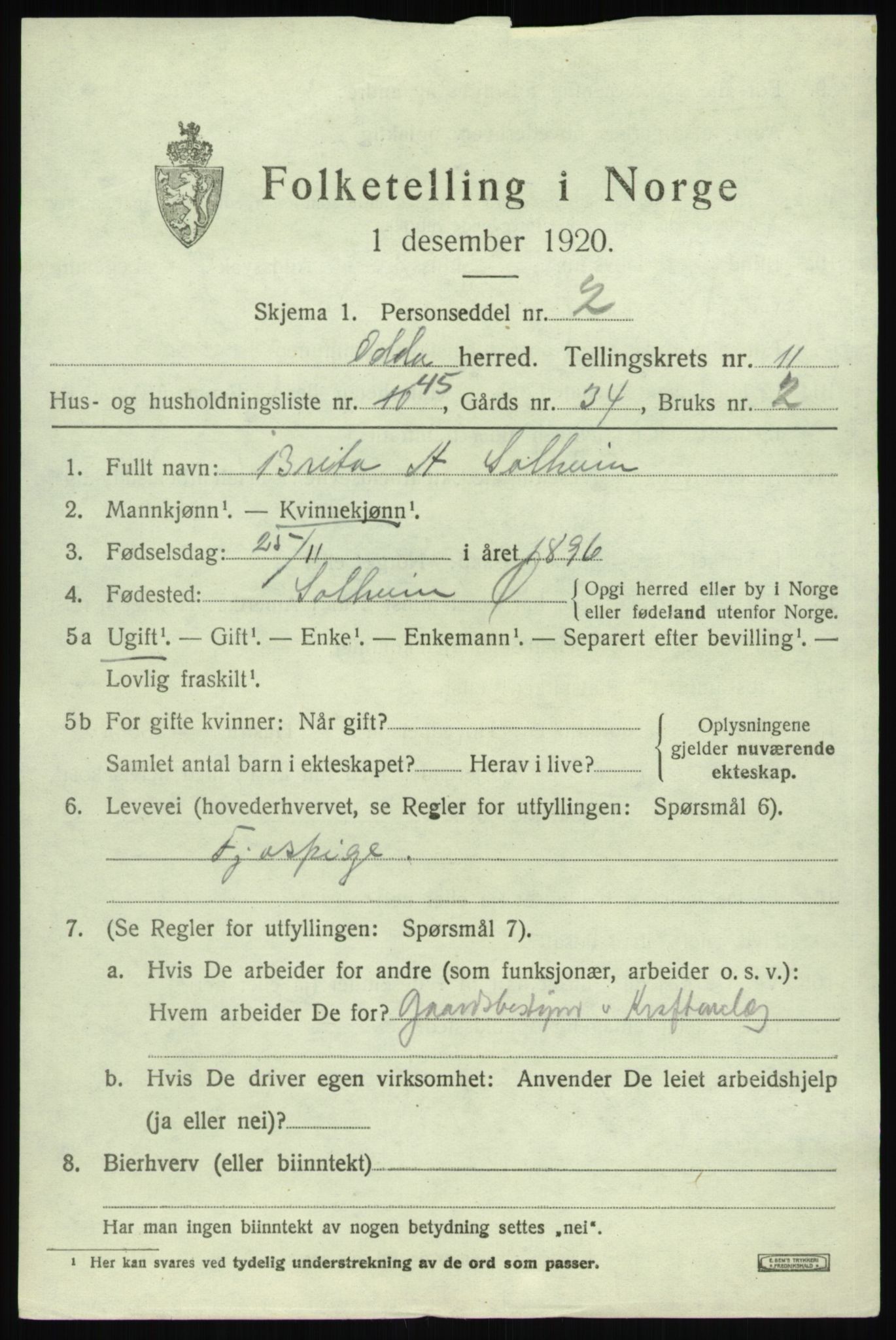 SAB, 1920 census for Odda, 1920, p. 11657