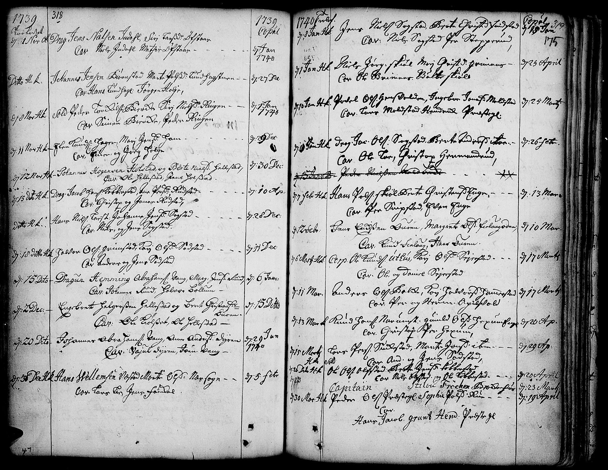 Toten prestekontor, SAH/PREST-102/H/Ha/Haa/L0003: Parish register (official) no. 3, 1734-1751, p. 318-319