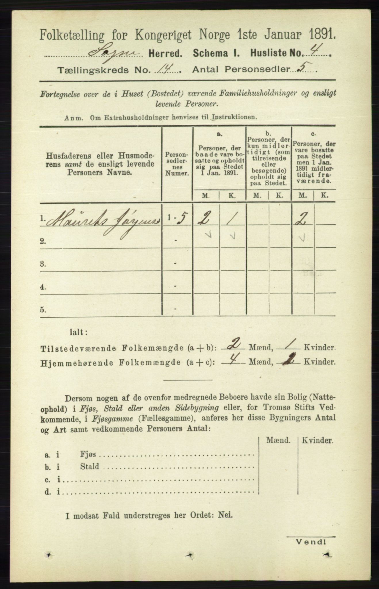 RA, 1891 census for 1018 Søgne, 1891, p. 3330