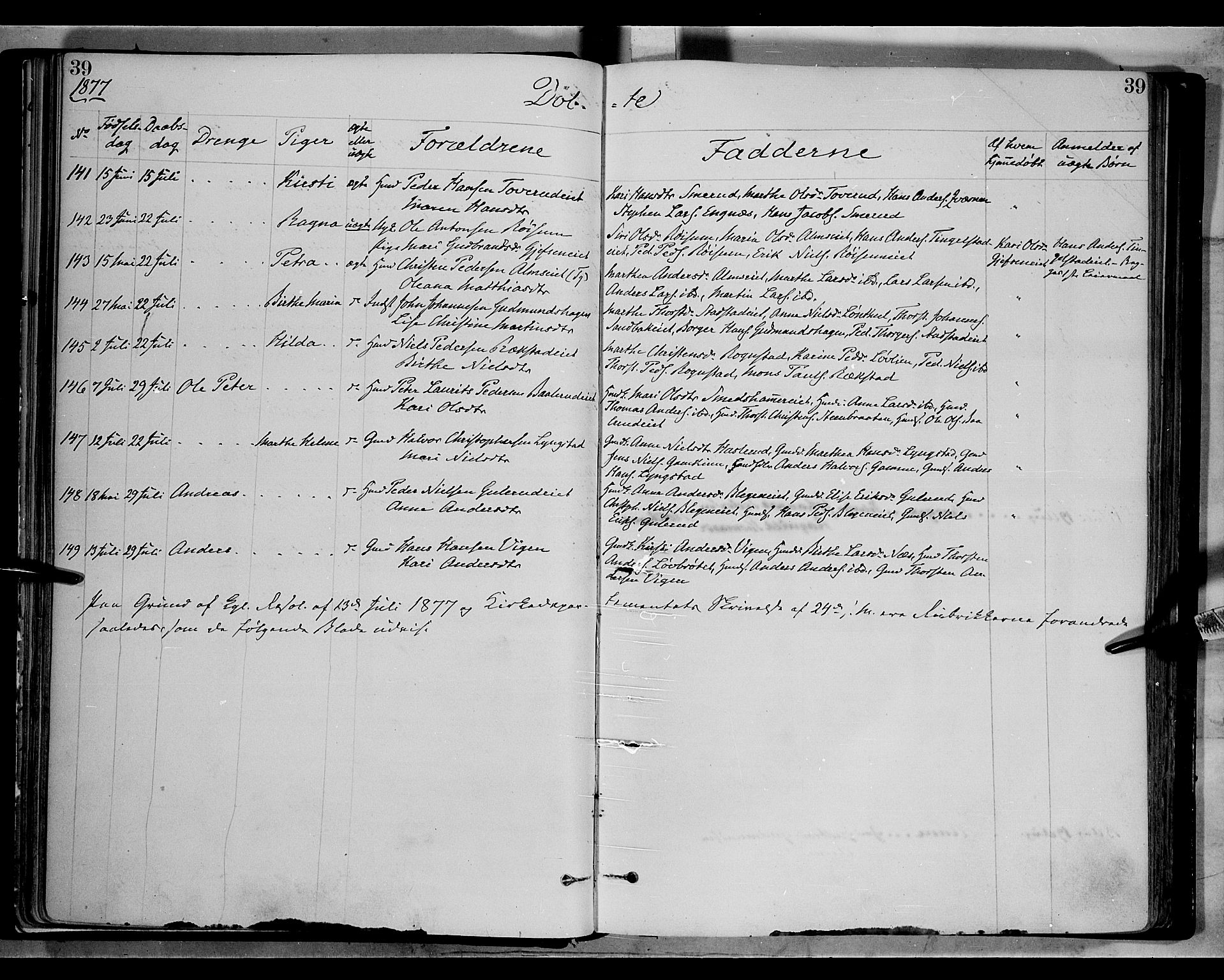 Gran prestekontor, SAH/PREST-112/H/Ha/Haa/L0013: Parish register (official) no. 13, 1875-1879, p. 39