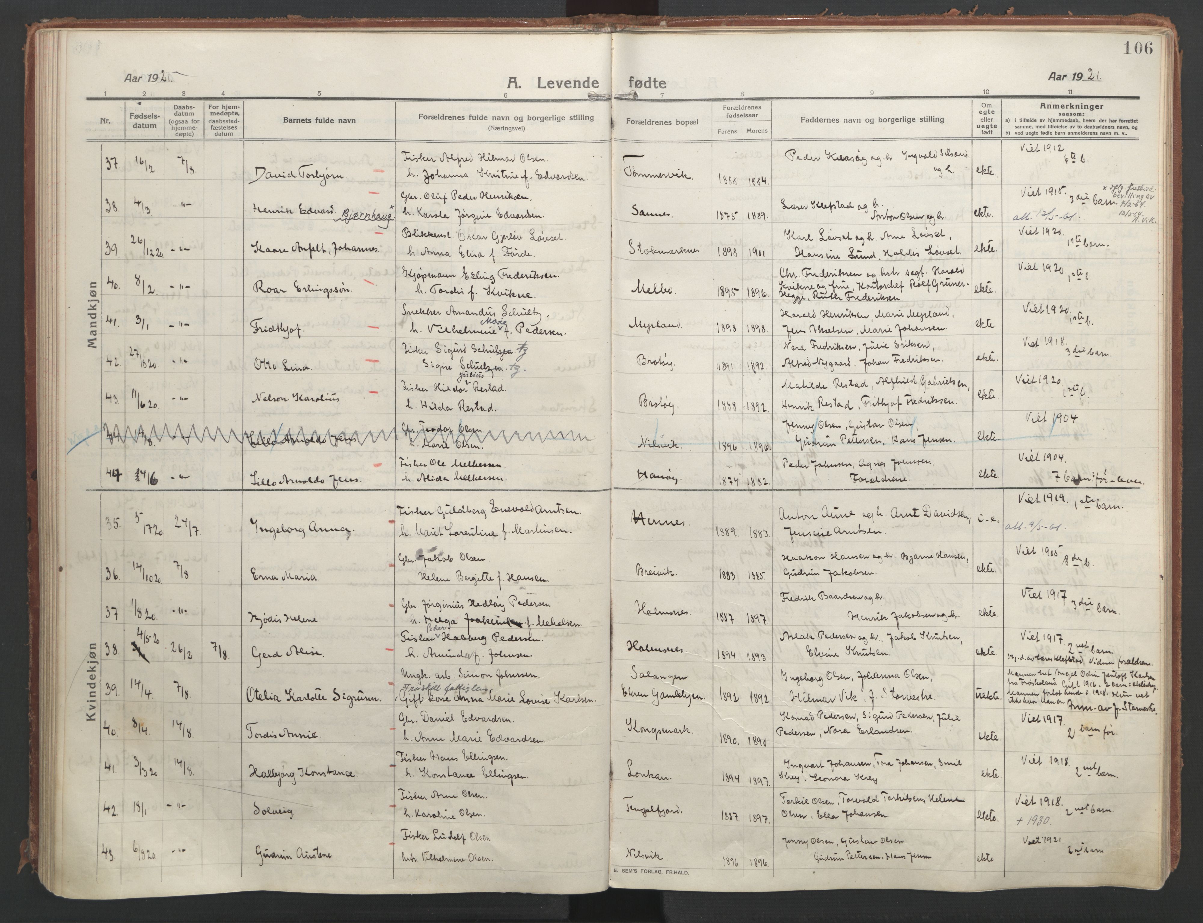 Ministerialprotokoller, klokkerbøker og fødselsregistre - Nordland, AV/SAT-A-1459/888/L1250: Parish register (official) no. 888A16, 1913-1925, p. 106