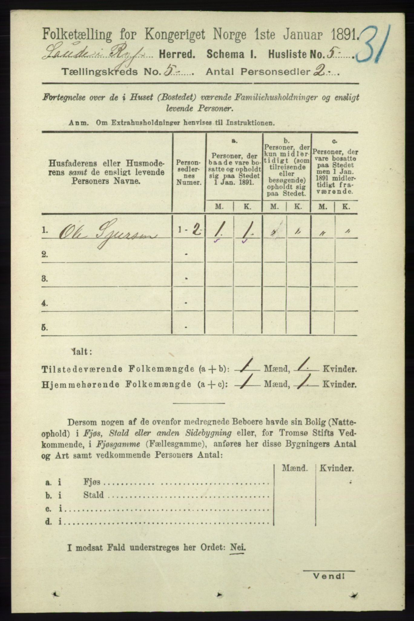 RA, 1891 census for 1135 Sauda, 1891, p. 2167