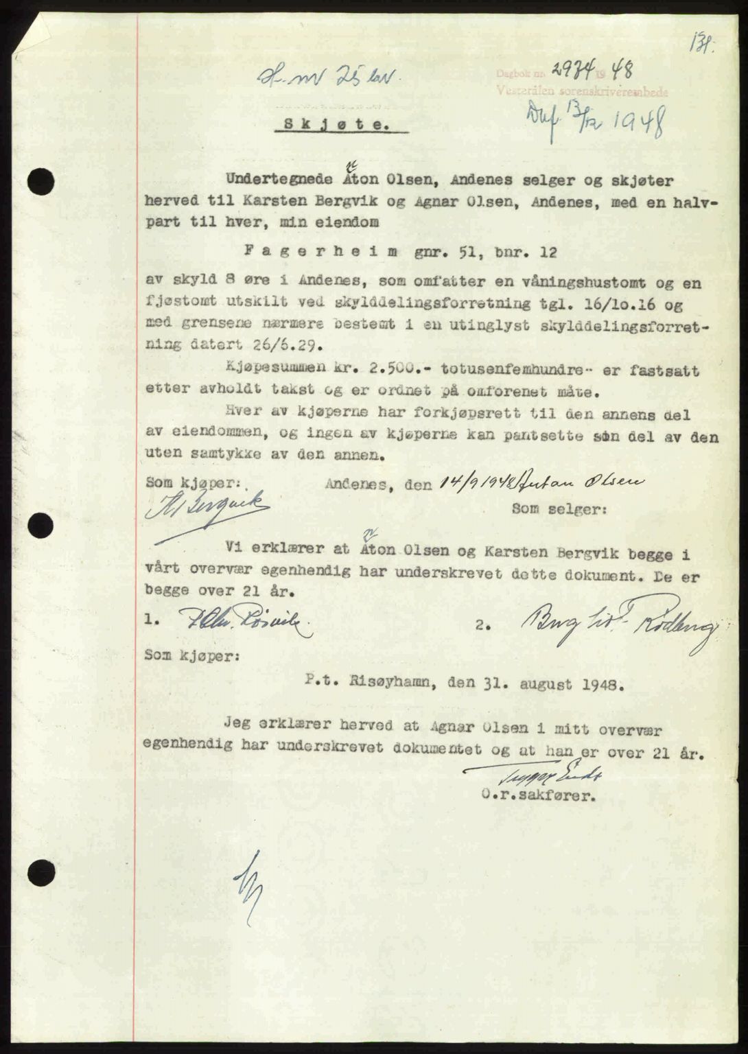 Vesterålen sorenskriveri, AV/SAT-A-4180/1/2/2Ca: Mortgage book no. A24, 1948-1949, Diary no: : 2974/1948