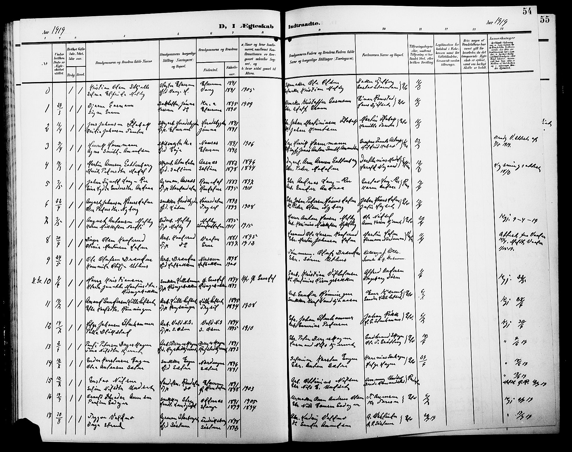 Elverum prestekontor, AV/SAH-PREST-044/H/Ha/Hab/L0009: Parish register (copy) no. 9, 1908-1921, p. 54