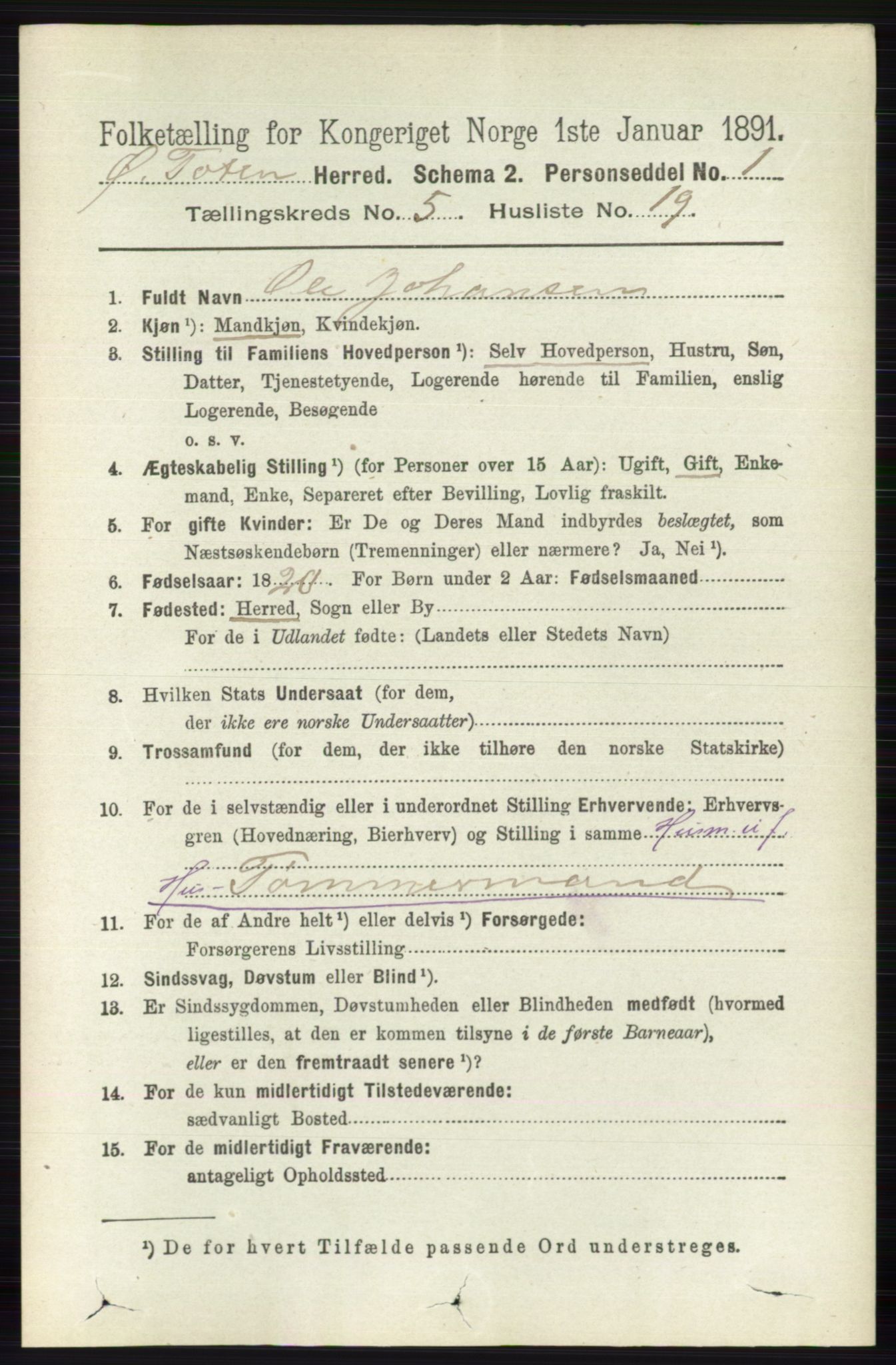 RA, 1891 census for 0528 Østre Toten, 1891, p. 3285